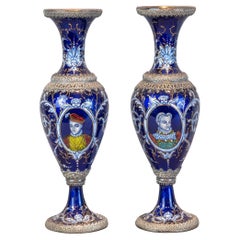 Antique Fine Pair of Elaborate Viennese Silvered Enamel Portrait Vases