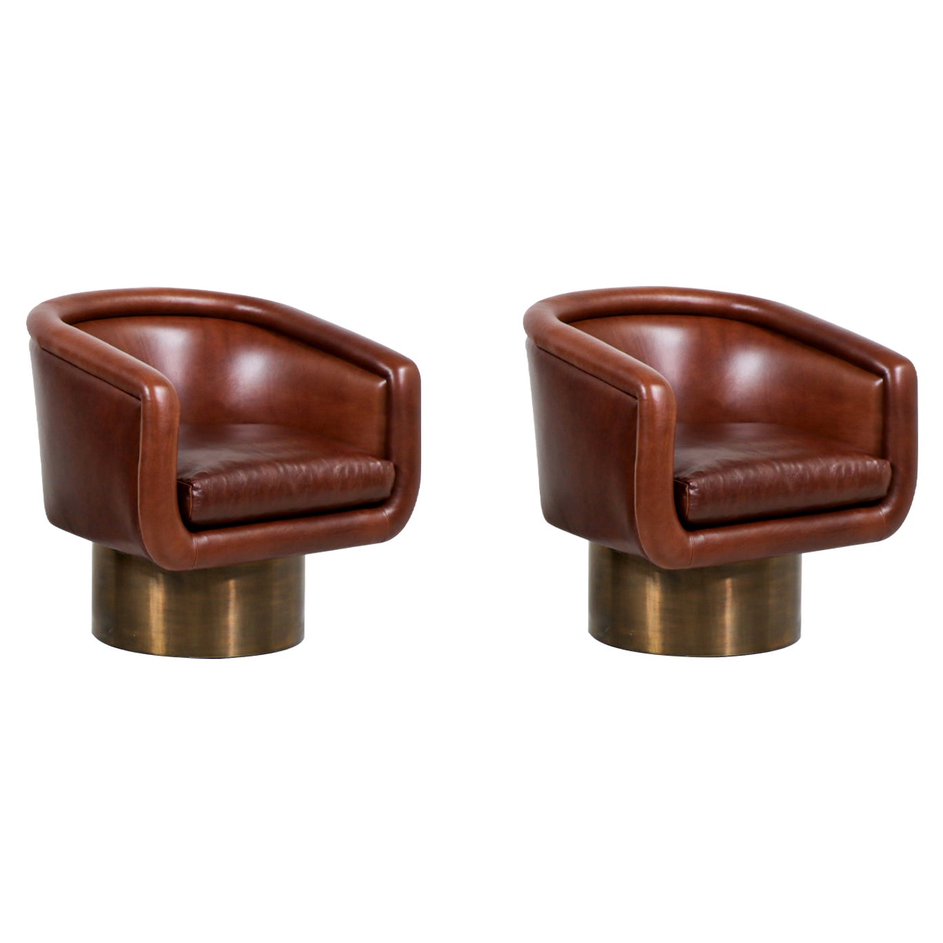 Leon Rosen Cognac Leather Swivel Chairs with Bronze Bases for Pace