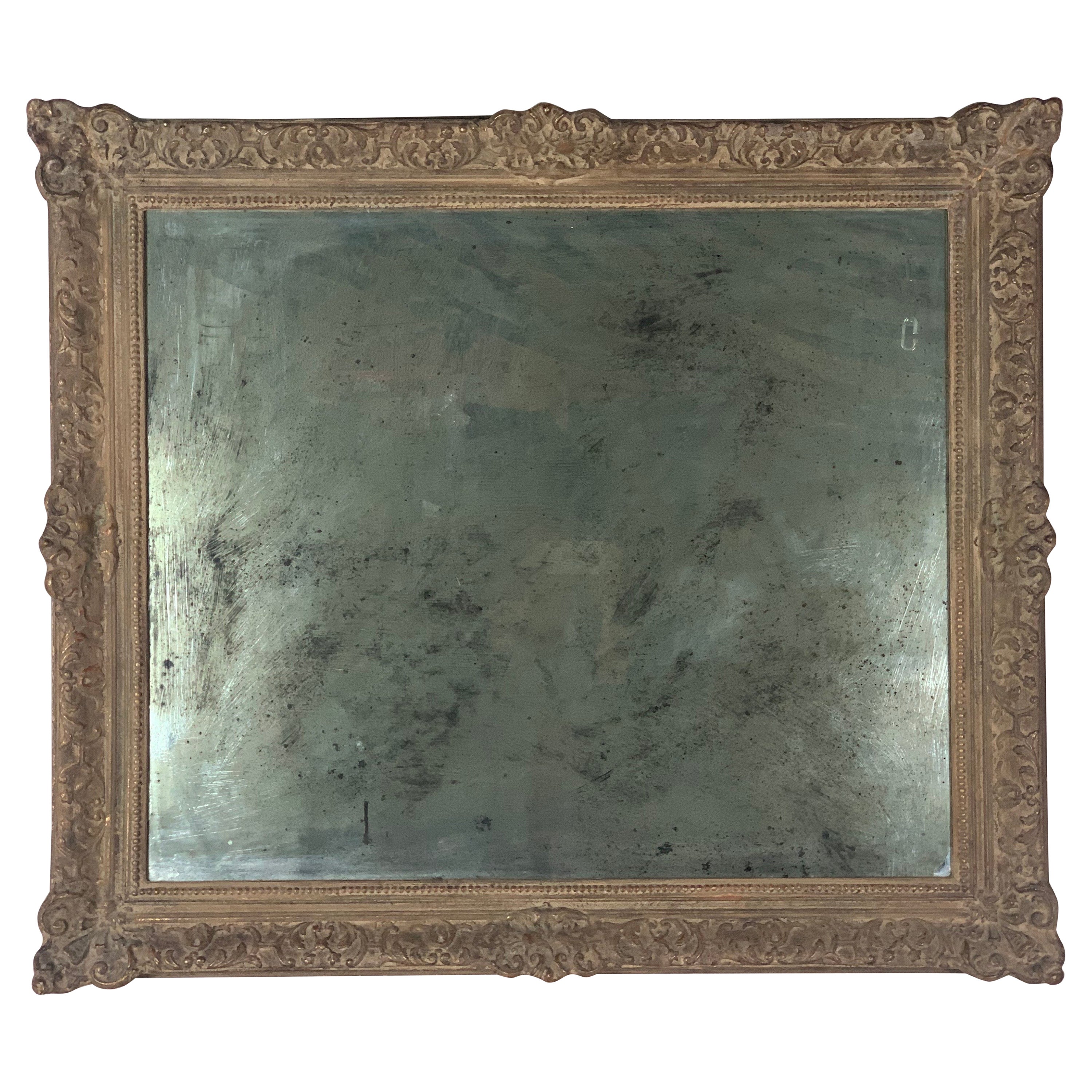 French Carved Wood and Gesso Mirror W/ Antiqued Mirror