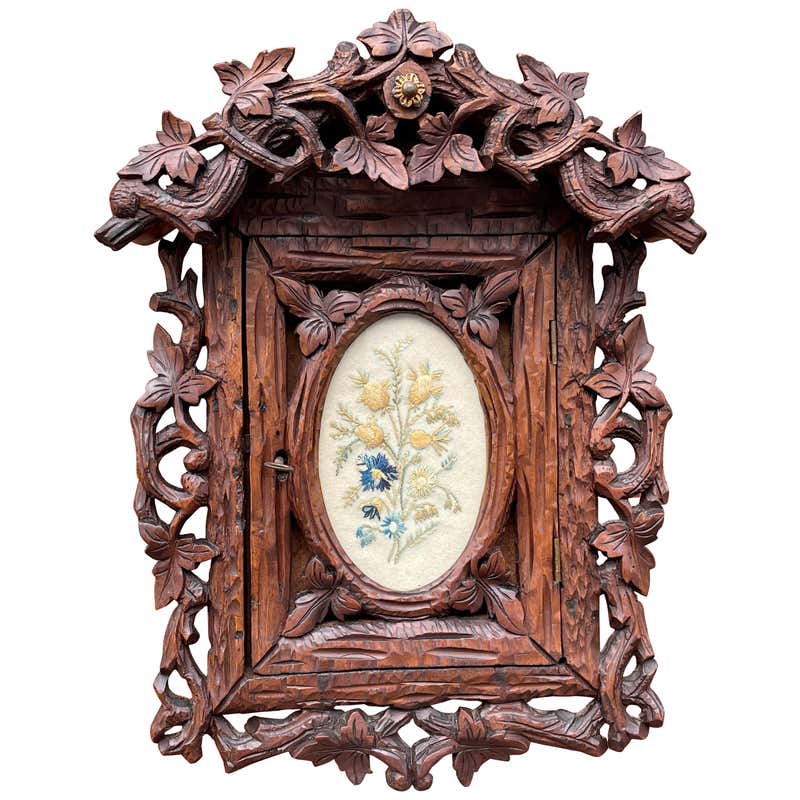 Antique Netsuke Wall Display Cabinet w. Hand Carved Inlaid Bird and ...