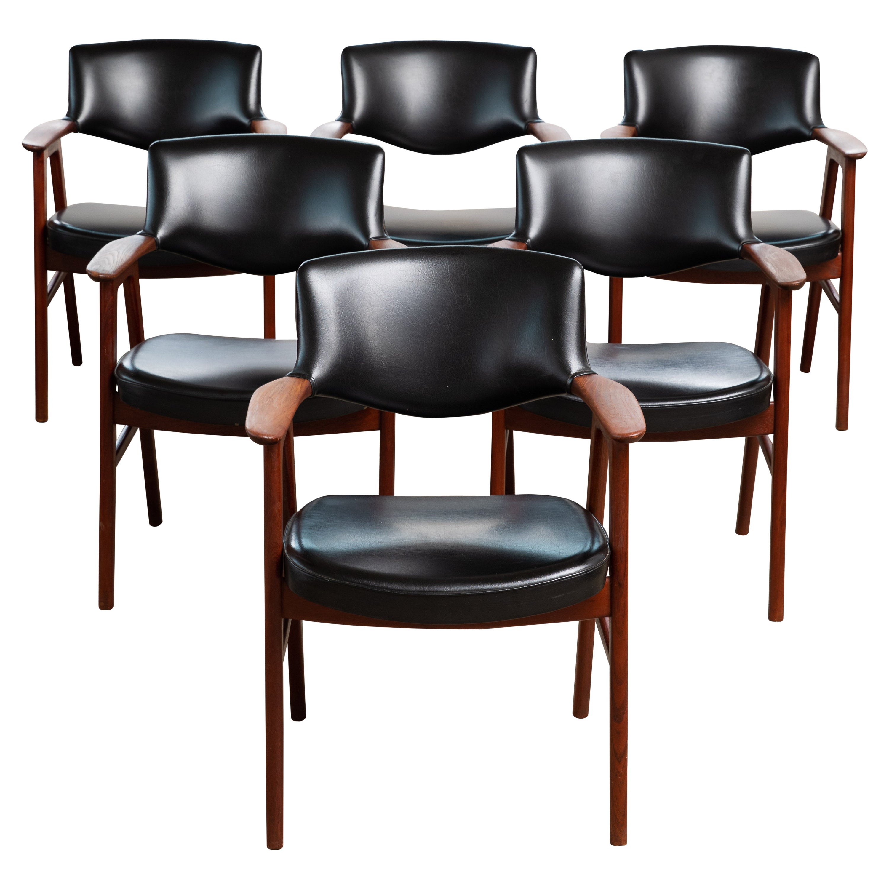 Set of Six Danish Erik Kirkegaard Teak Dining Chairs in Original Black Vinyl