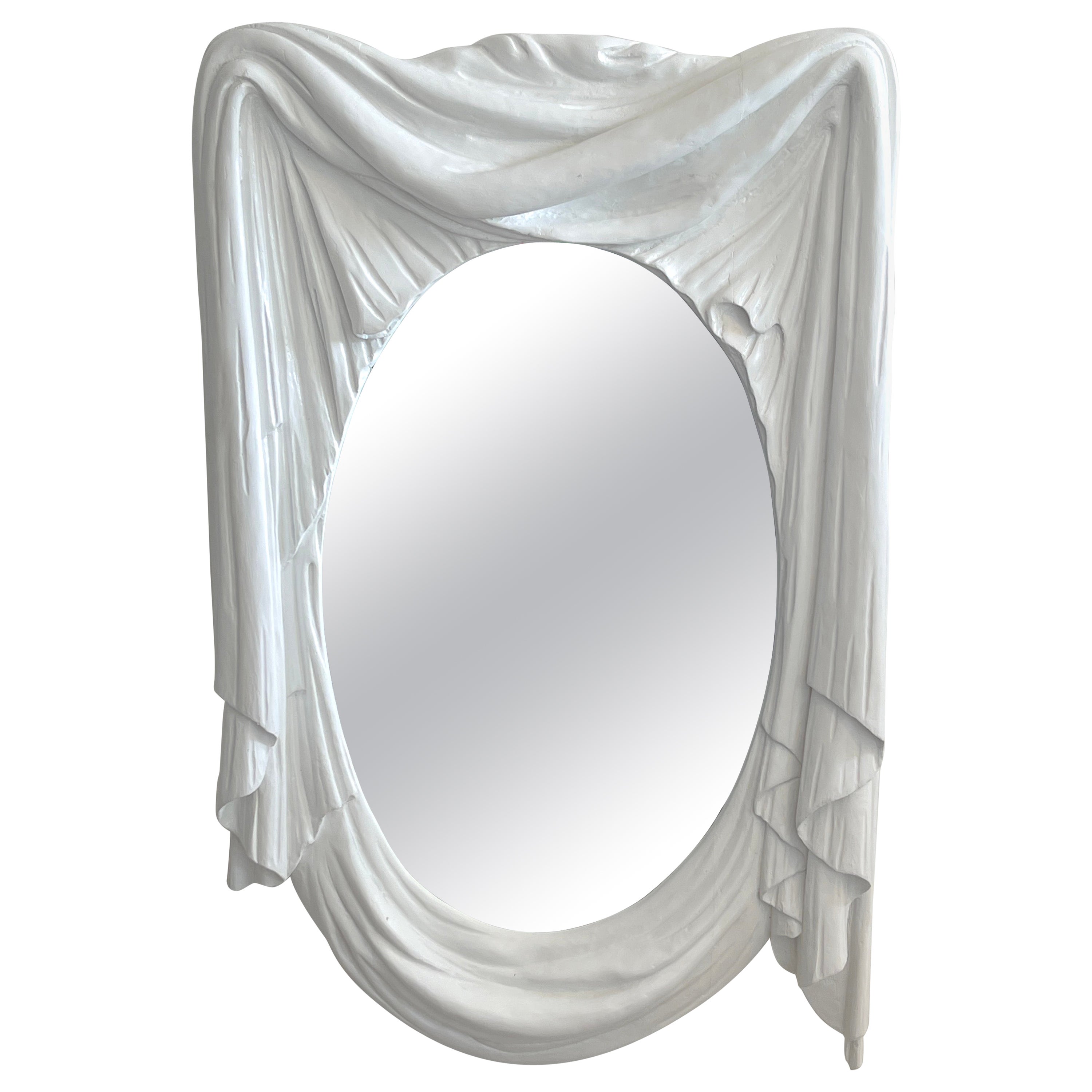 Modern White Lacquered Carved Wood Draped Mirror For Sale