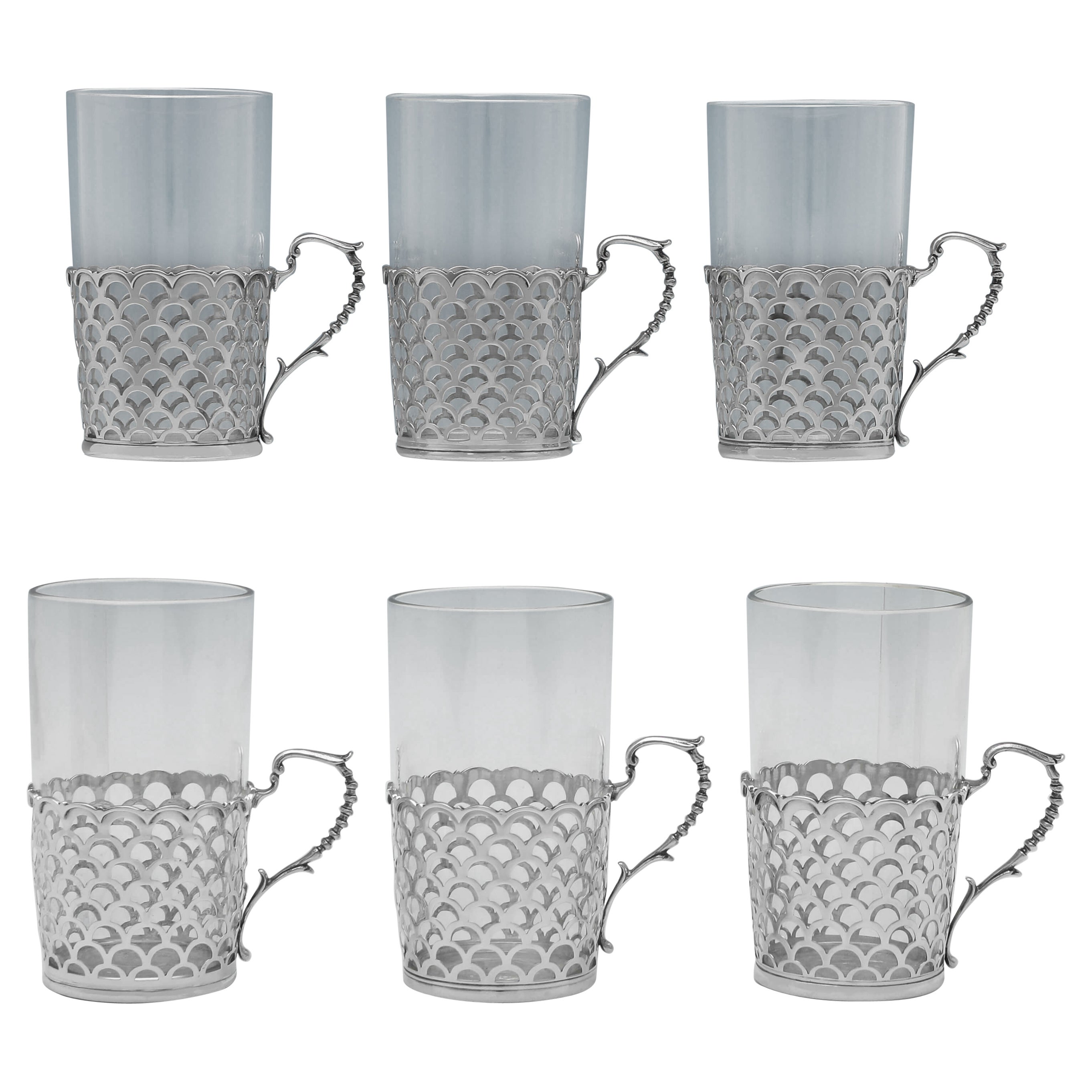 Set of 6 Mid-Century Modern Sterling Silver Tea Cups, Mappin & Webb, 1948