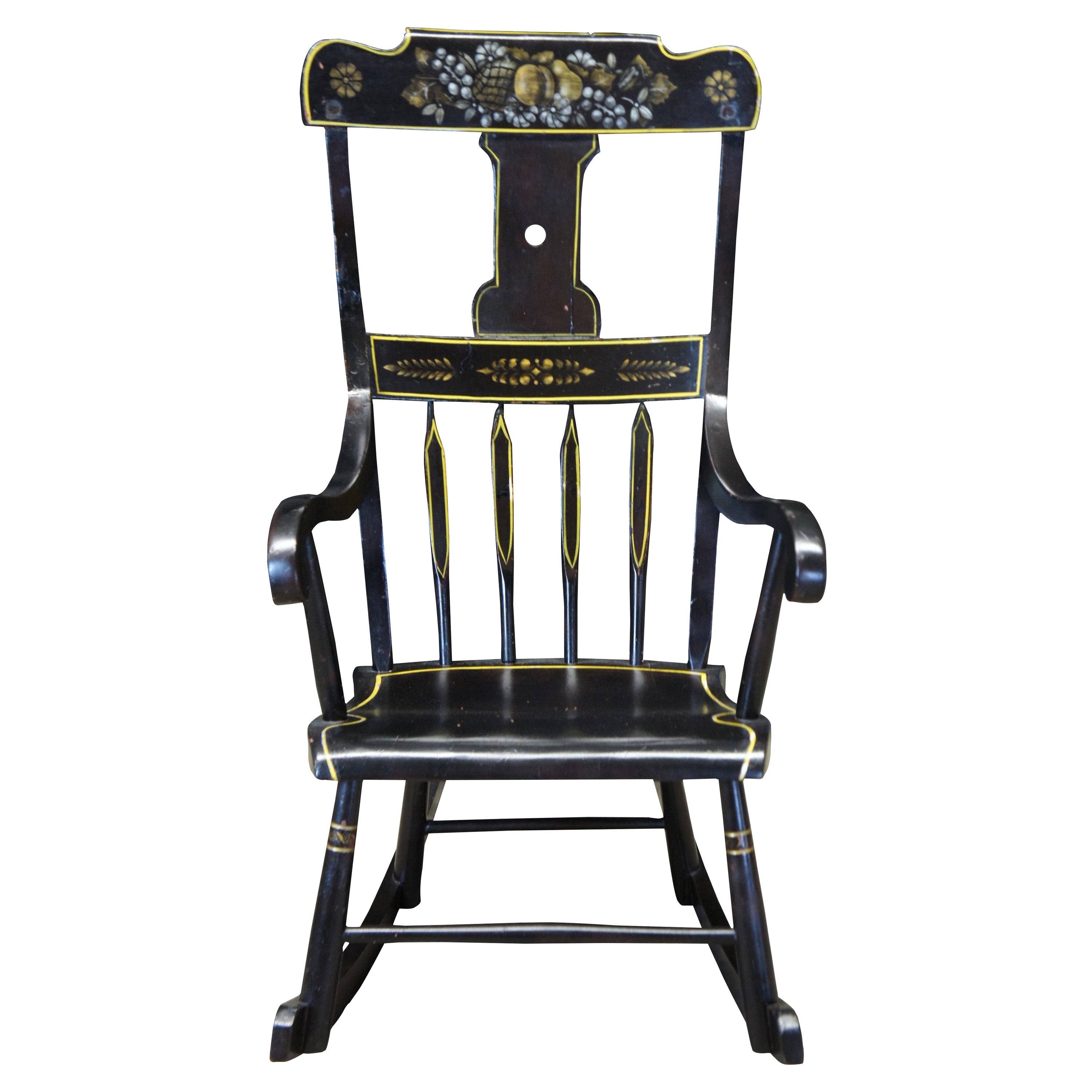 Antique American Windsor Folk Art Painted Stencil Back Boston Rocking Arm Chair