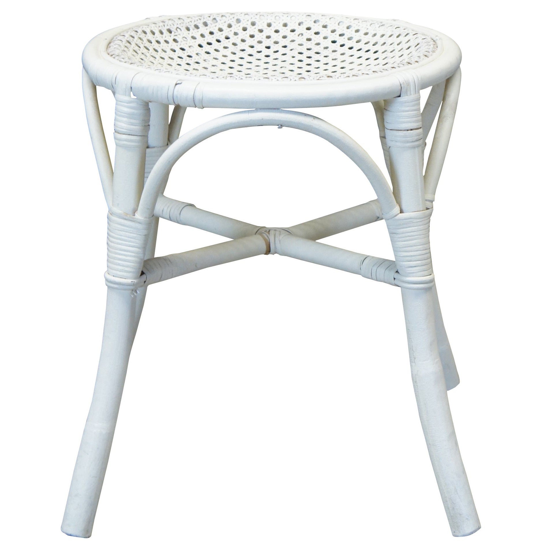 Antique Wicker Bamboo Caned Rattan White Painted Vanity Stool Boho Chic