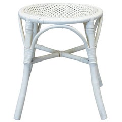Vintage Wicker Bamboo Caned Rattan White Painted Vanity Stool Boho Chic