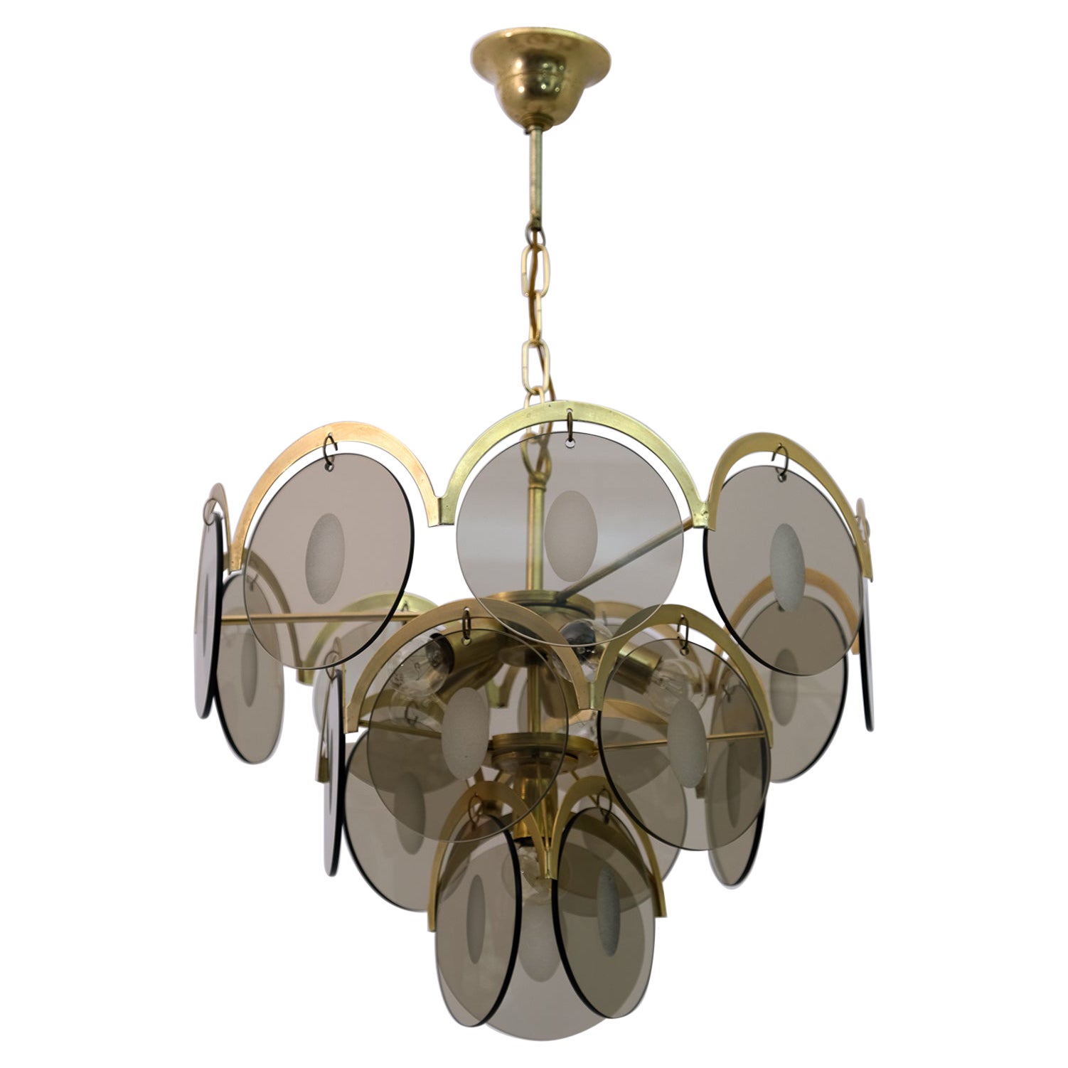 Gino Vistosi Mid-Century Modern Amber Glass and Brass Chandelier, 1970s For Sale