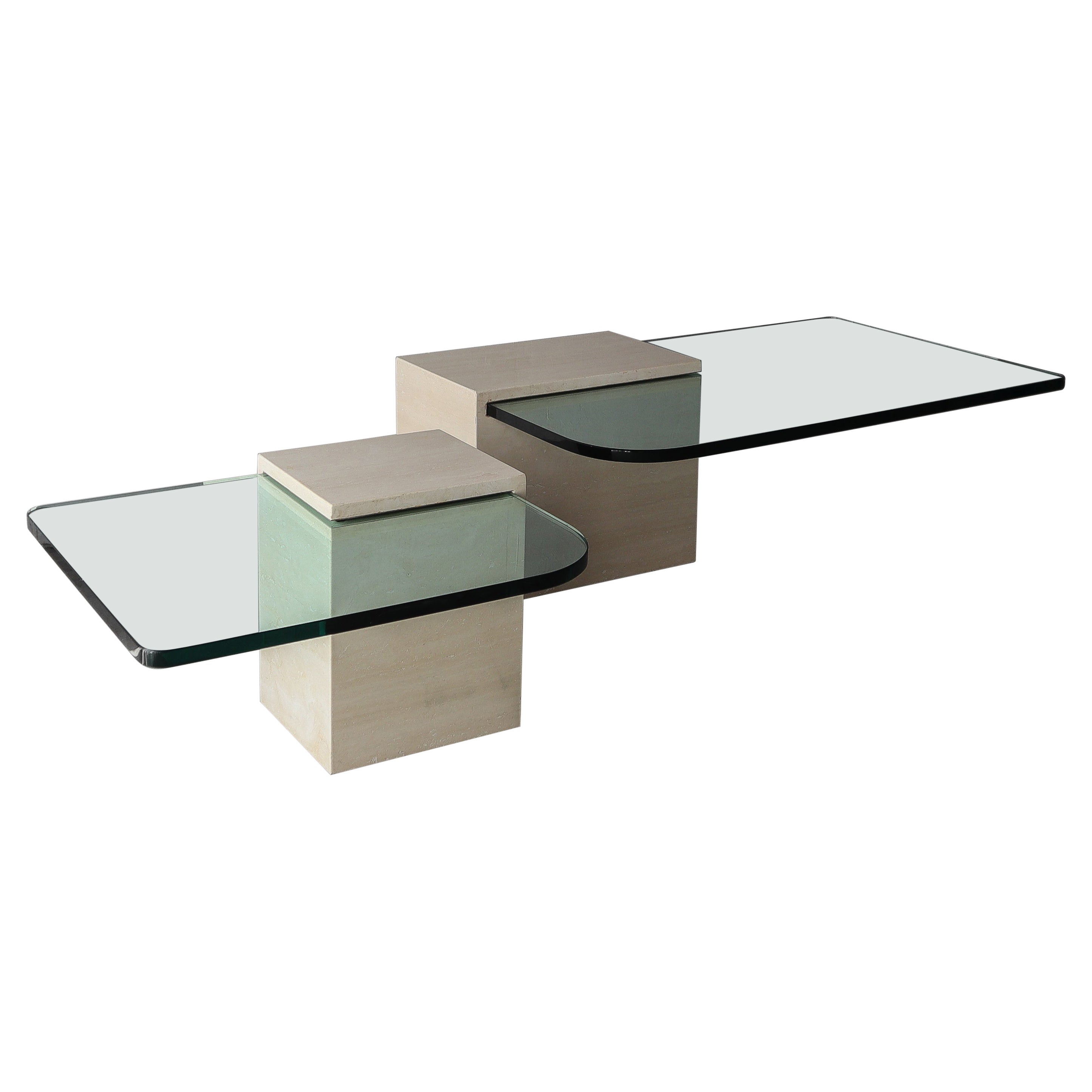 Pair of Italian Travertine and Cantilevered Glass Coffee Tables For Sale