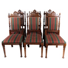 Antique Set of Six Dining Room Chairs of Oak and Upholstered with Striped Fabric, 1920s