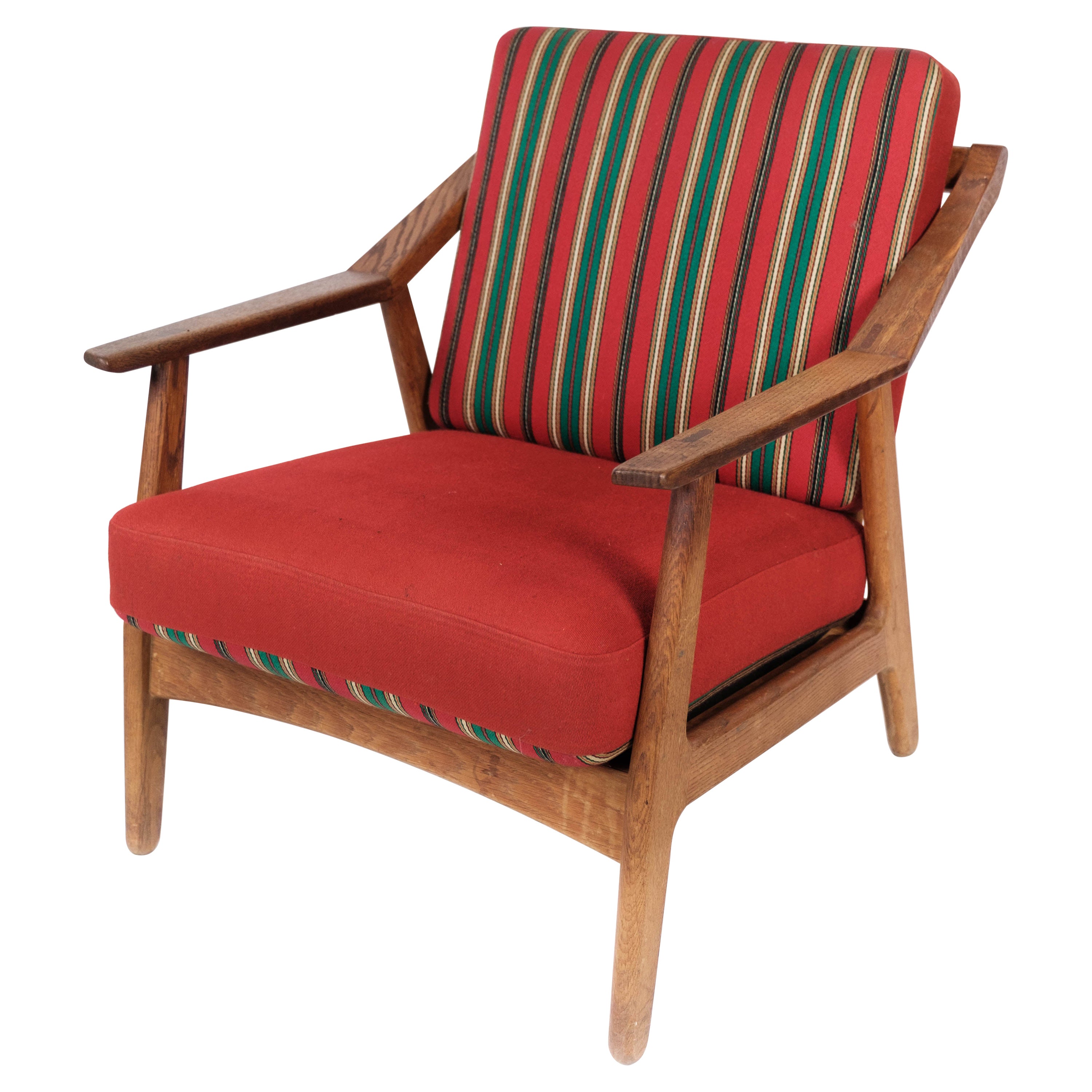 Armchair in Oak and Upholstered with Red Fabric, by H. Brockmann Petersen, 1960s For Sale