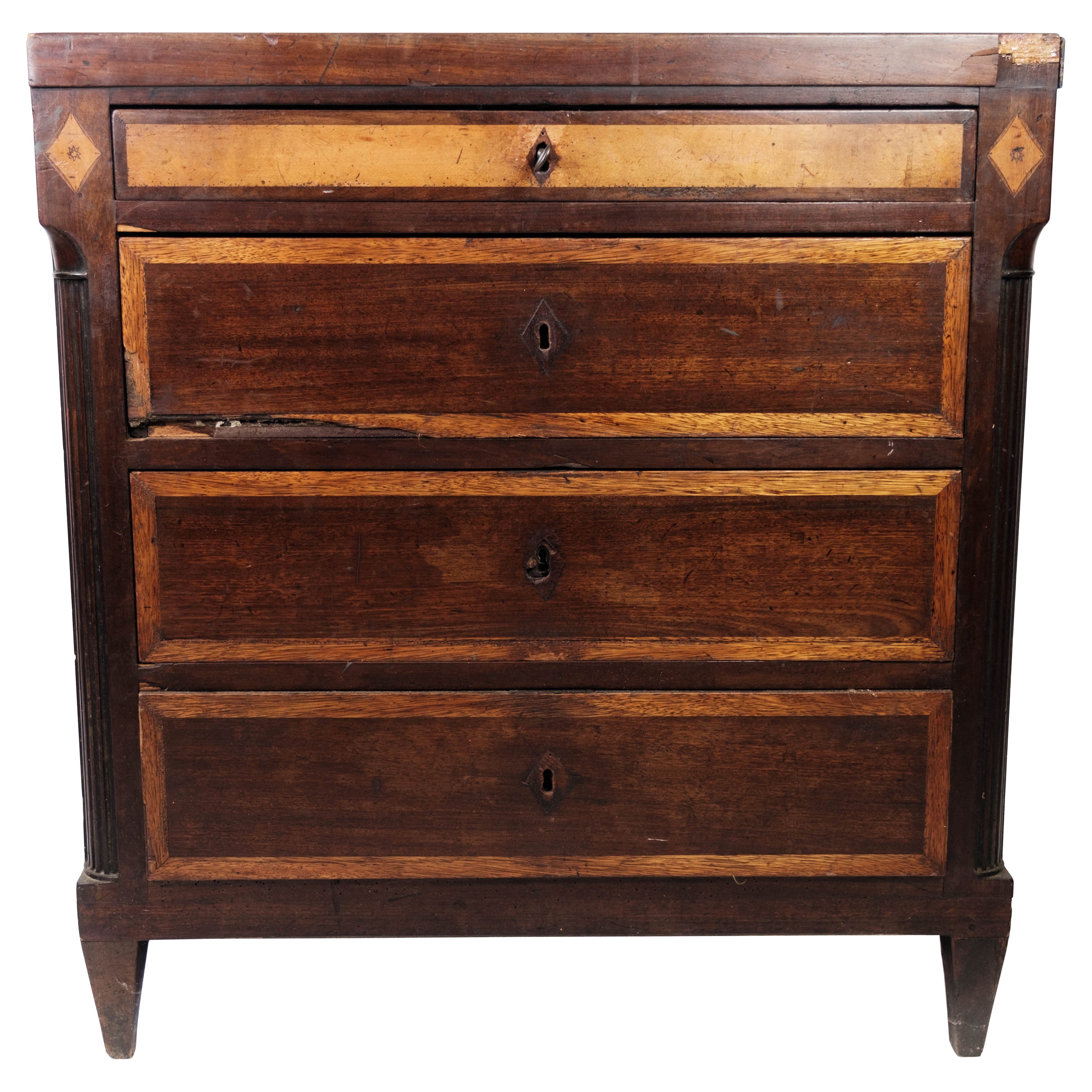 Louis Seize Chest of Drawers Made In Mahogany With Inlaid Wood From 1790s For Sale