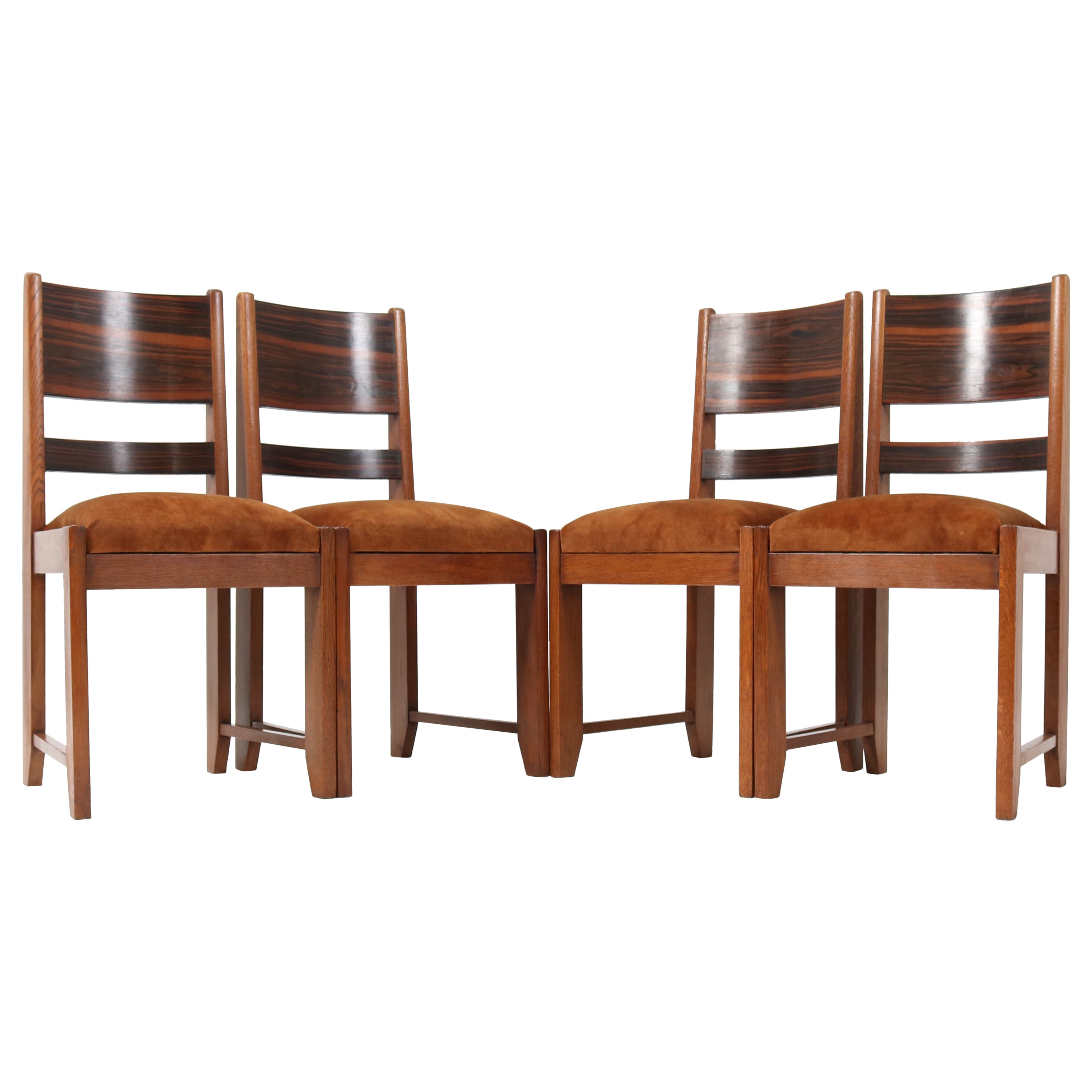Four Oak Art Deco Haagse School Dining Room Chairs, 1920s