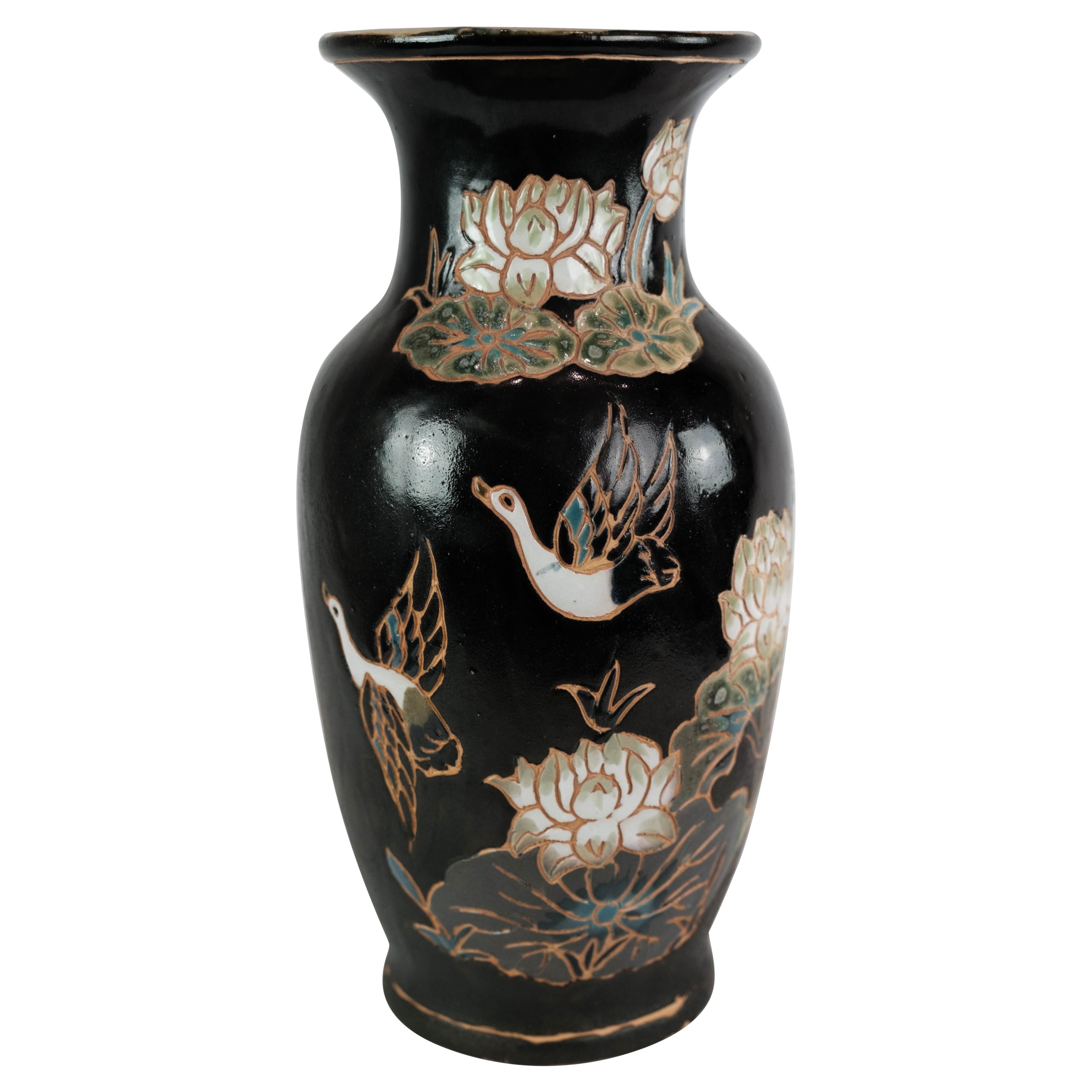 Ceramic Vase With Black Glaze & Decorated With Flowers From 1960s