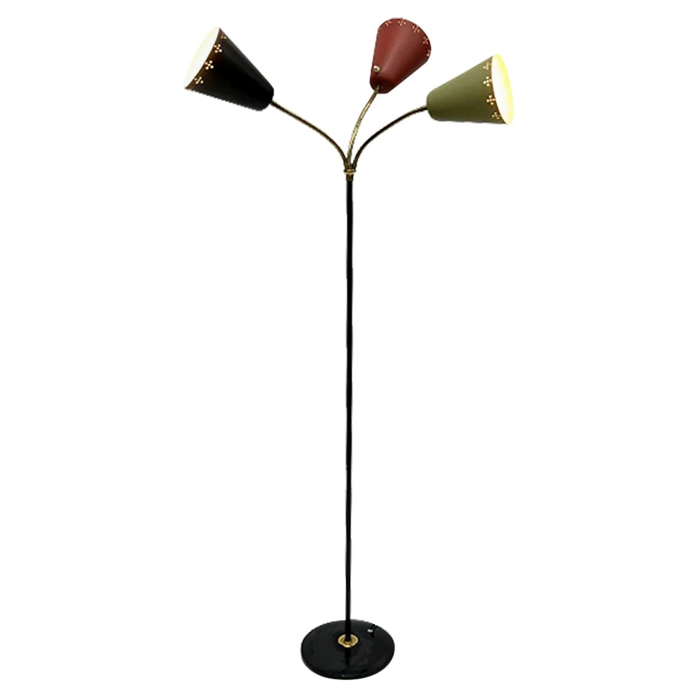 Three-Arm Floor Lamp with Pierced Metal Matte Shades, 1960s For Sale