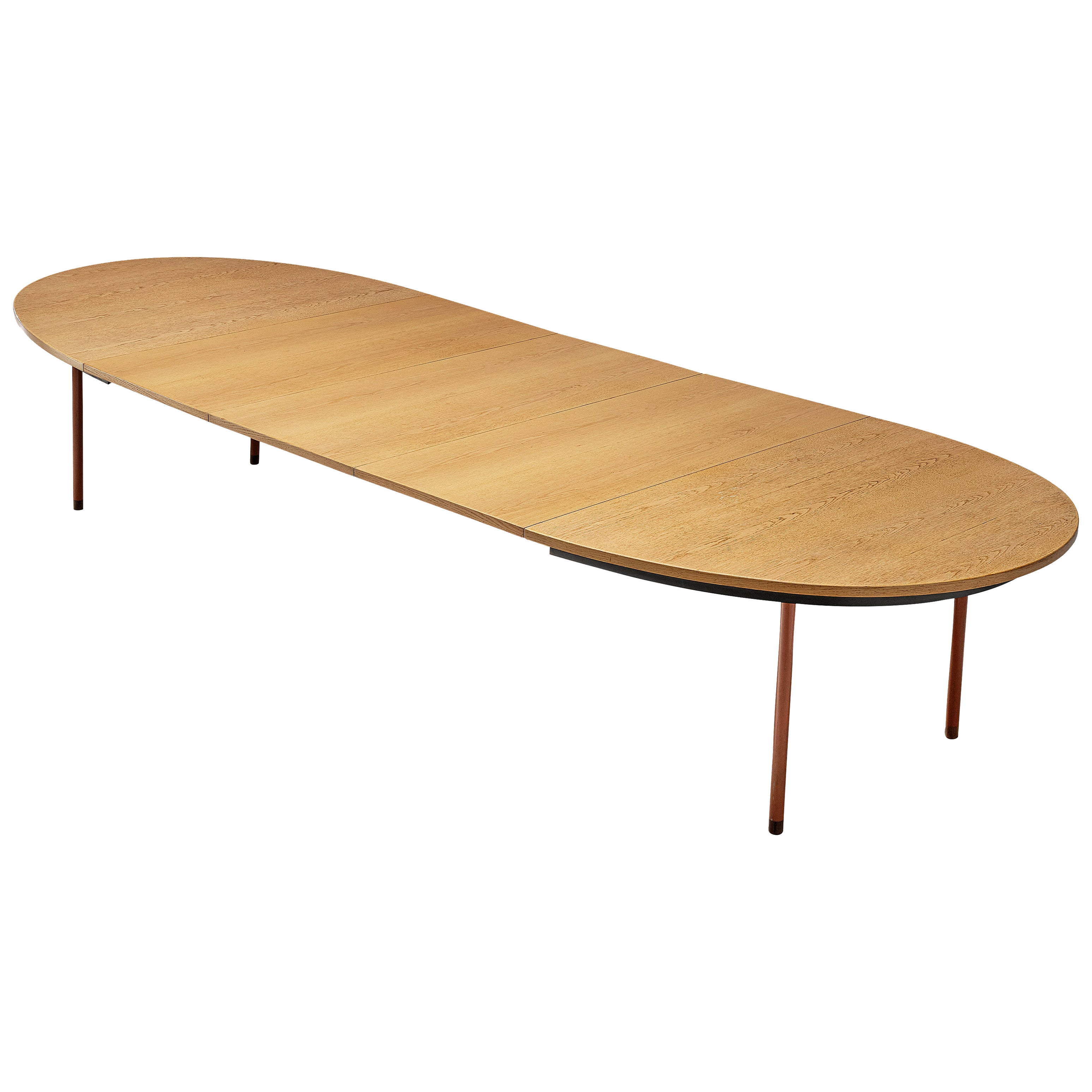 Hans Wegner Extendable Dining Table in Oak with Red Metal Legs