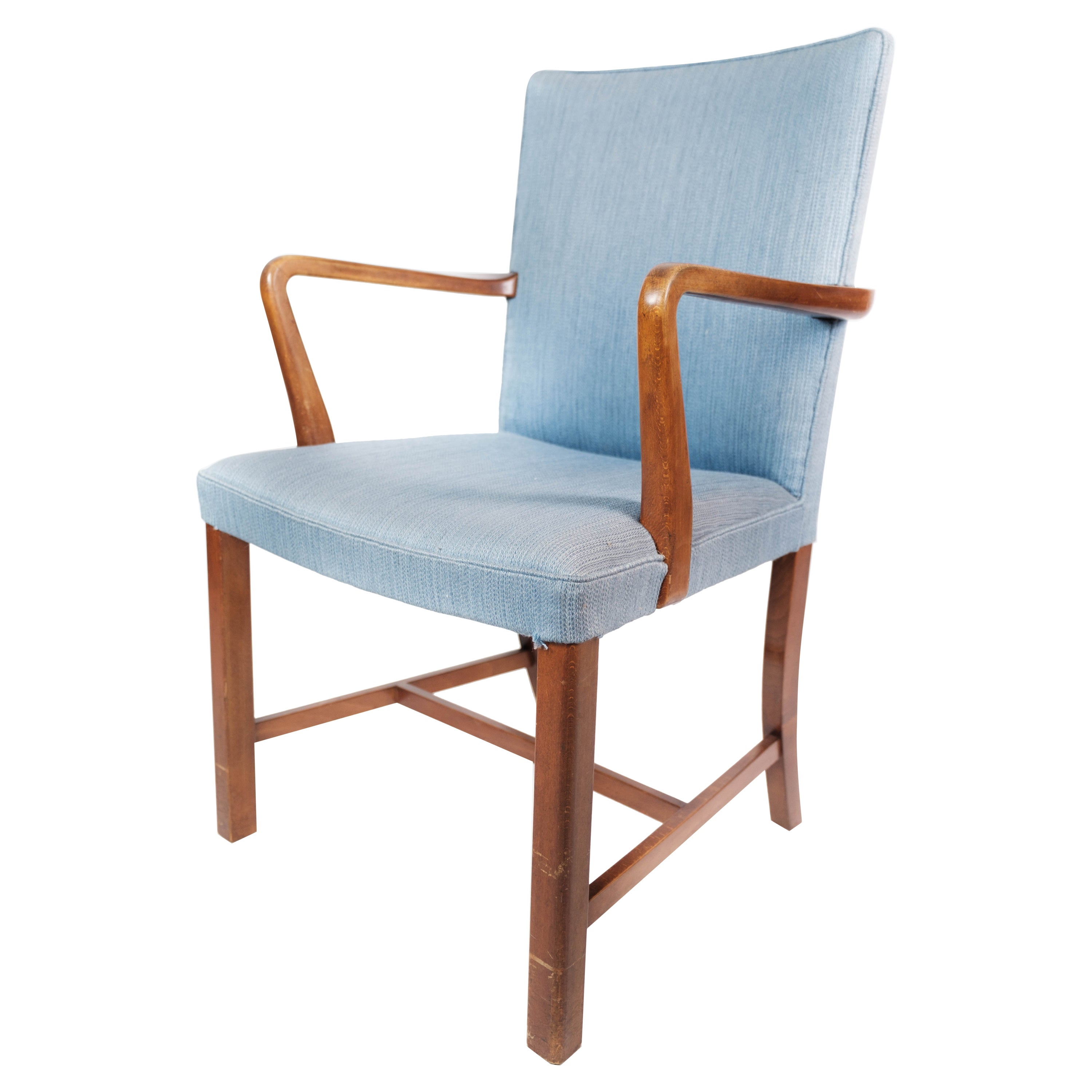 Armchair in Mahogany and Upholstered with Light Blue Fabric by Fritz Hansen