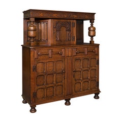 Antique Carved Court Cabinet, English, Oak, Sideboard, Jacobean Revival, C.1910