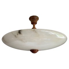 Antique Large Art Deco Flush Mount with Stunning Alabaster Dish Shade & Wooden Stem 1920