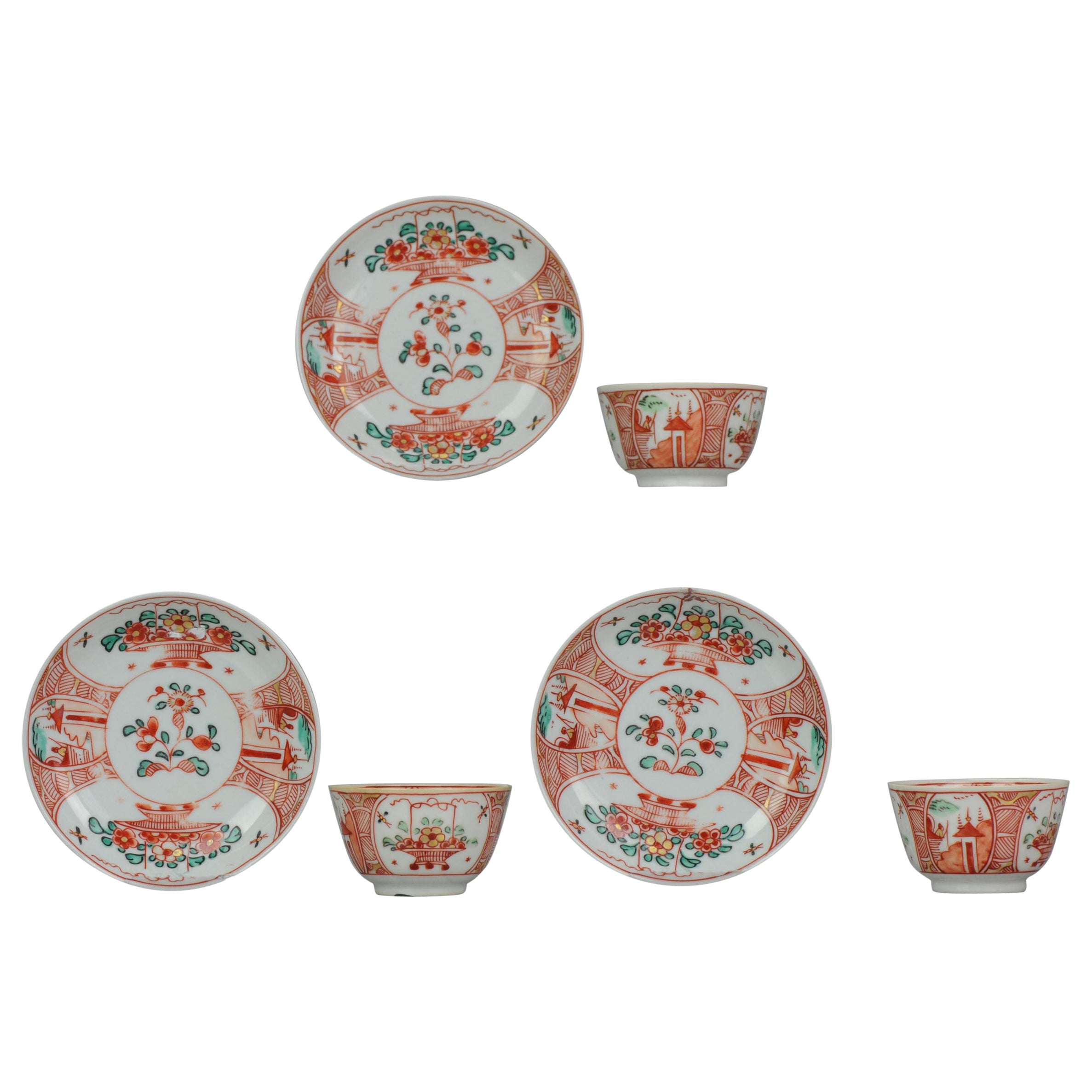 Antique Set of 3 Qianlong 18th Amsterdam Bont Porcelain Tea Bowls Chinese