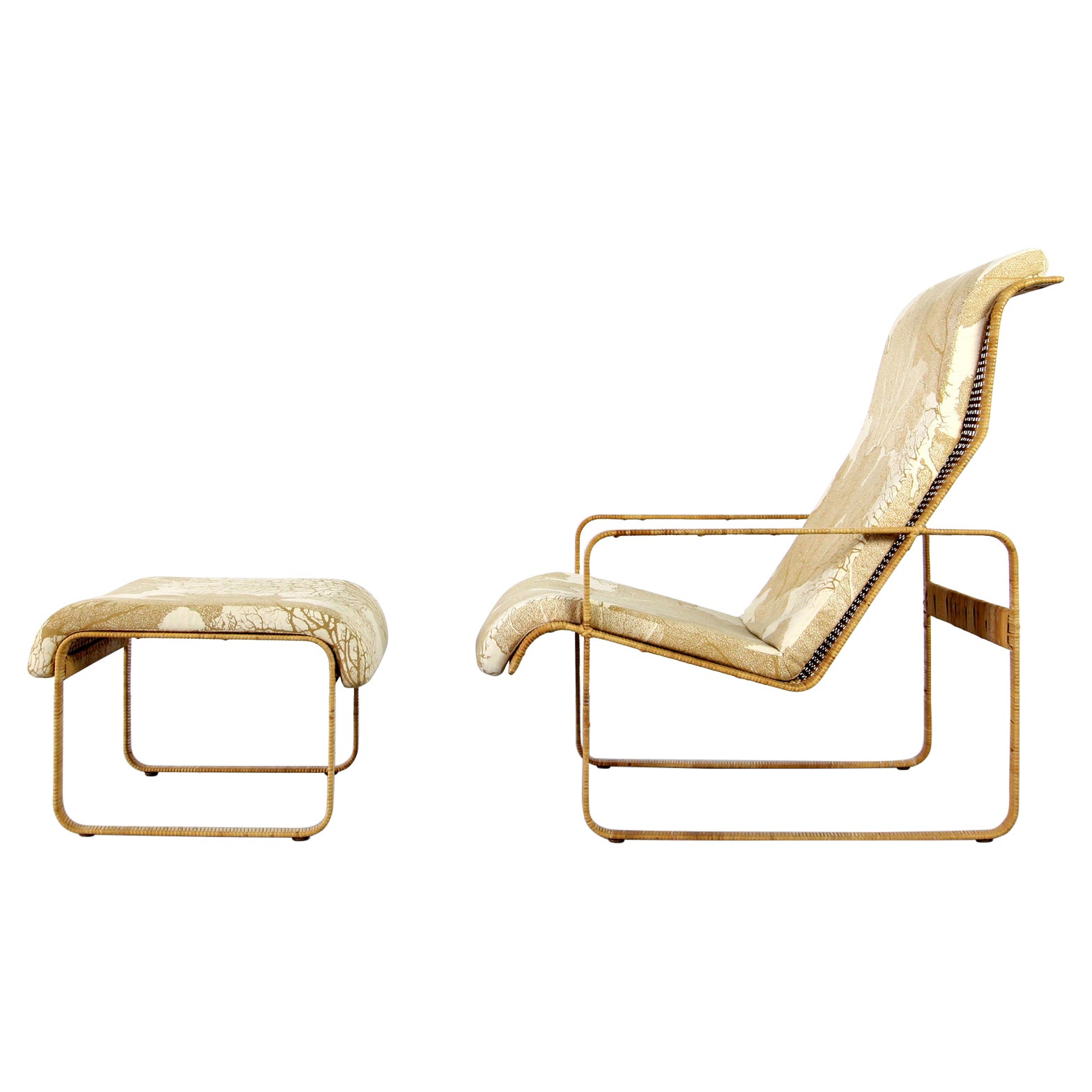 Mid-Century Lounge Chair and Stool Kill International Made of Steel and Rattan For Sale