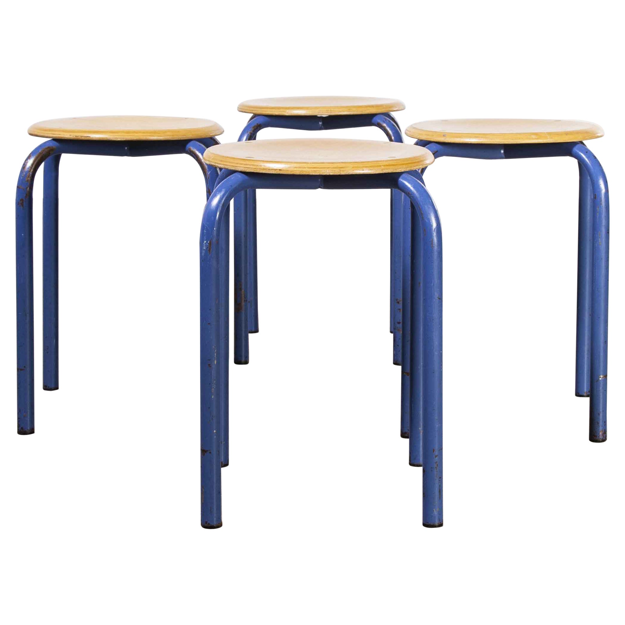 1960's Simple French Stacking School Stools, Blue, Set of Four