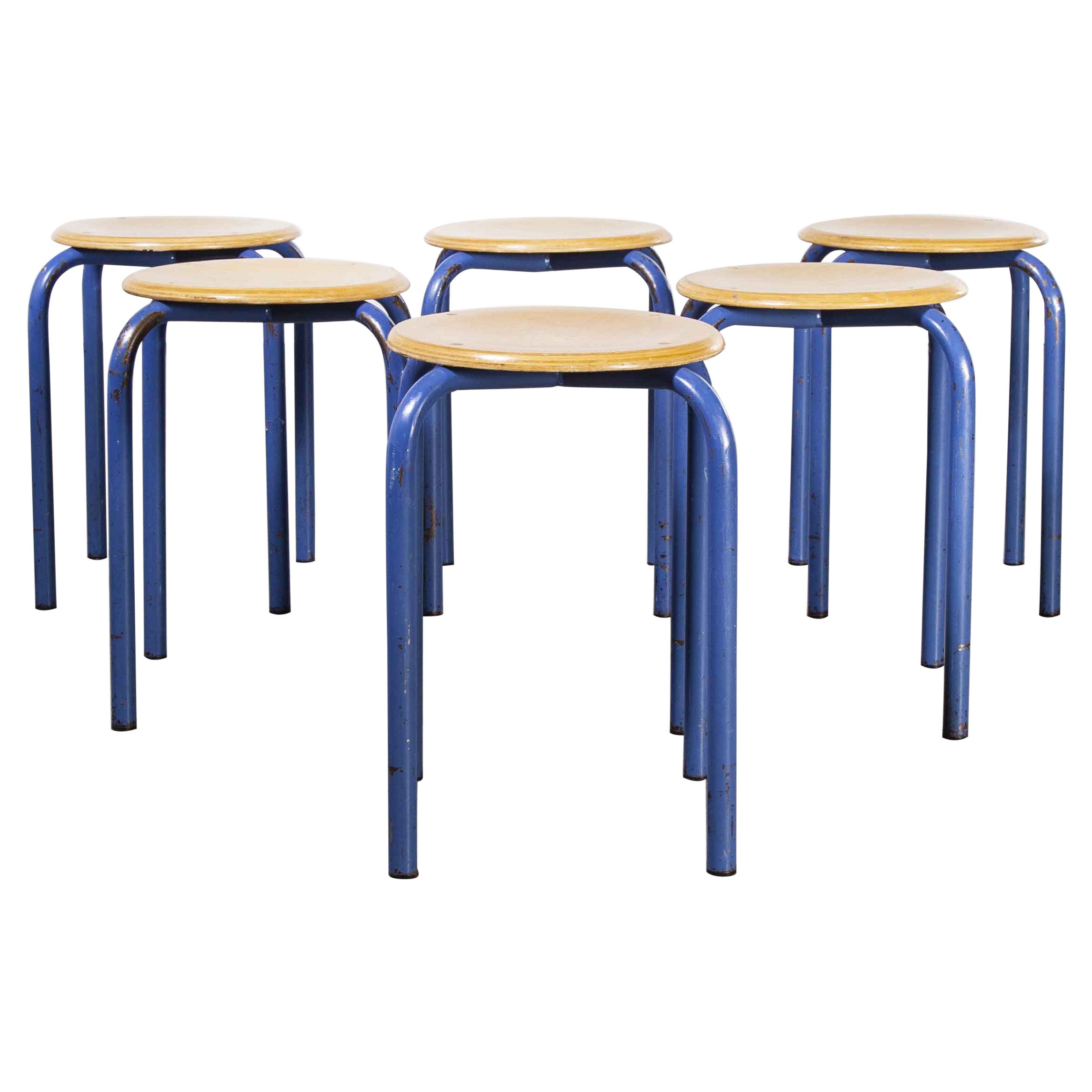 1960's Simple French Stacking School Stools, Blue, Set of Six