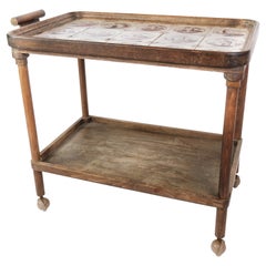 Tray Table Made In Dark Wood, Decorated With Dutch Tiles From 1920s