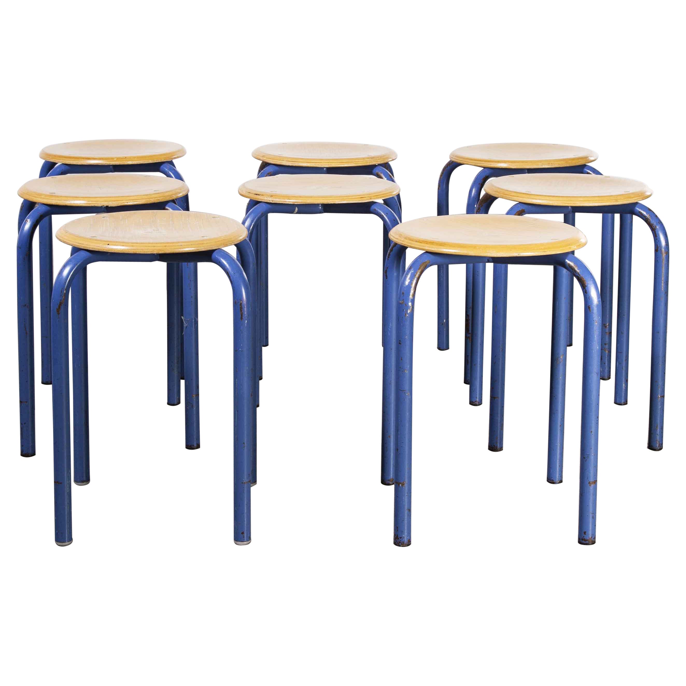 1960's Simple French Stacking School Stools, Blue, Set of Eight