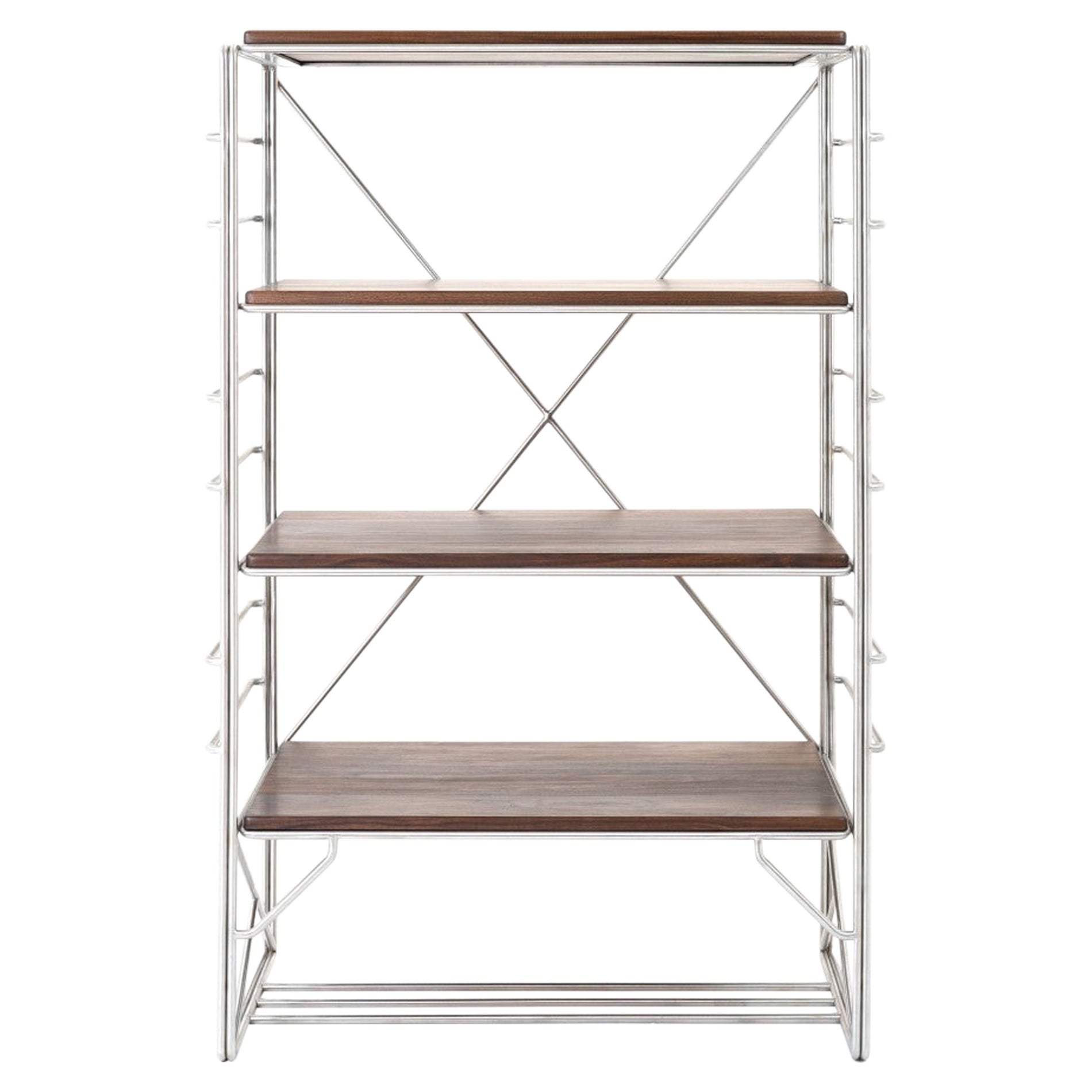 Wired Shelf, Solid Freestanding Display and Storage, in Stainless Steel, Walnut