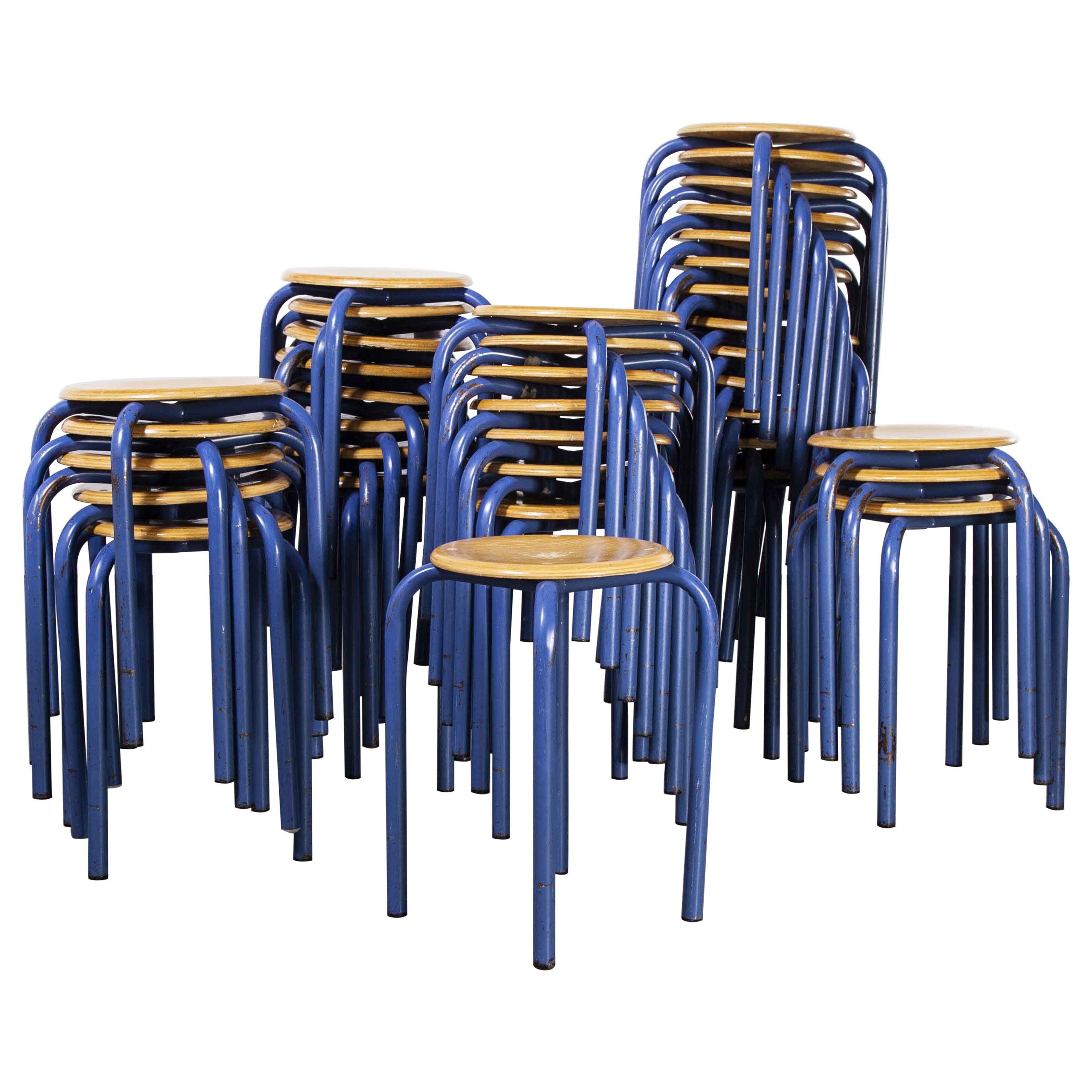 1960's Simple French Stacking School Stools, Blue, Various Qty Available