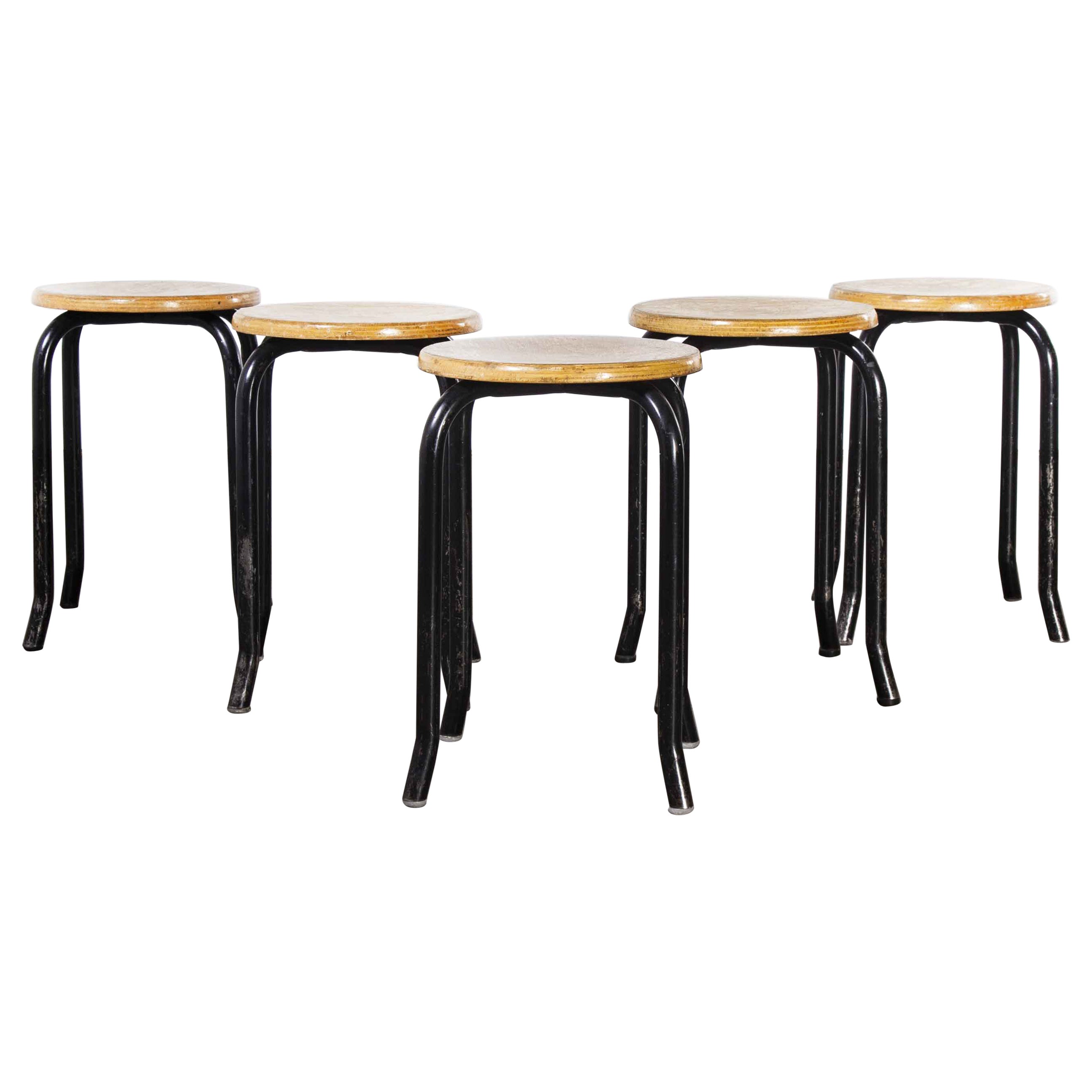 1960's Simple French Stacking School Stools, Black, Set of Five Kick Leg