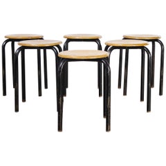 1960's Simple French Stacking School Stools, Black, Set of Six