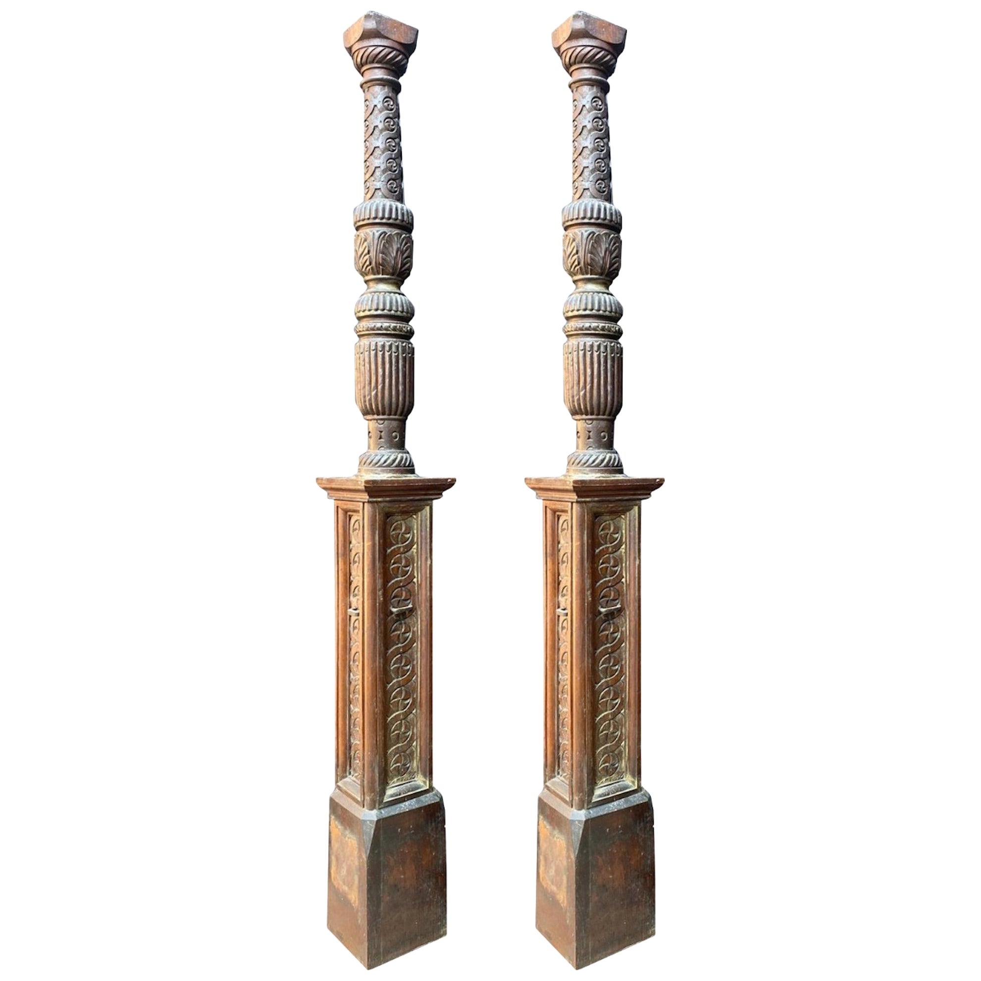 Two Tudor Period Carved Oak Columns