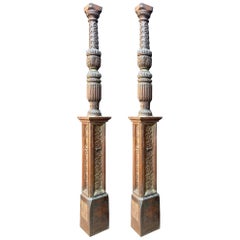 Antique Two Tudor Period Carved Oak Columns