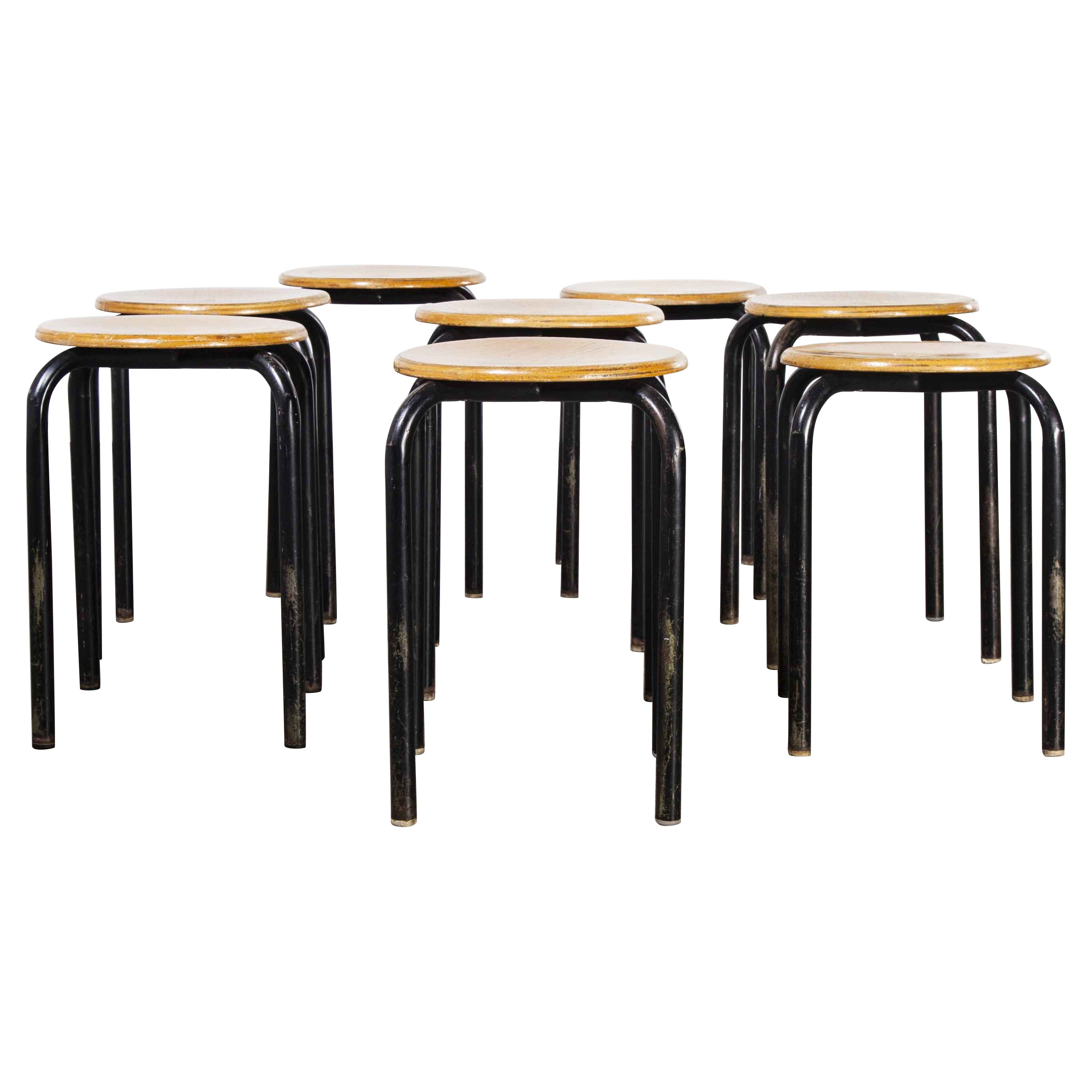 1960's Simple French Stacking School Stools, Black, Set of Eight