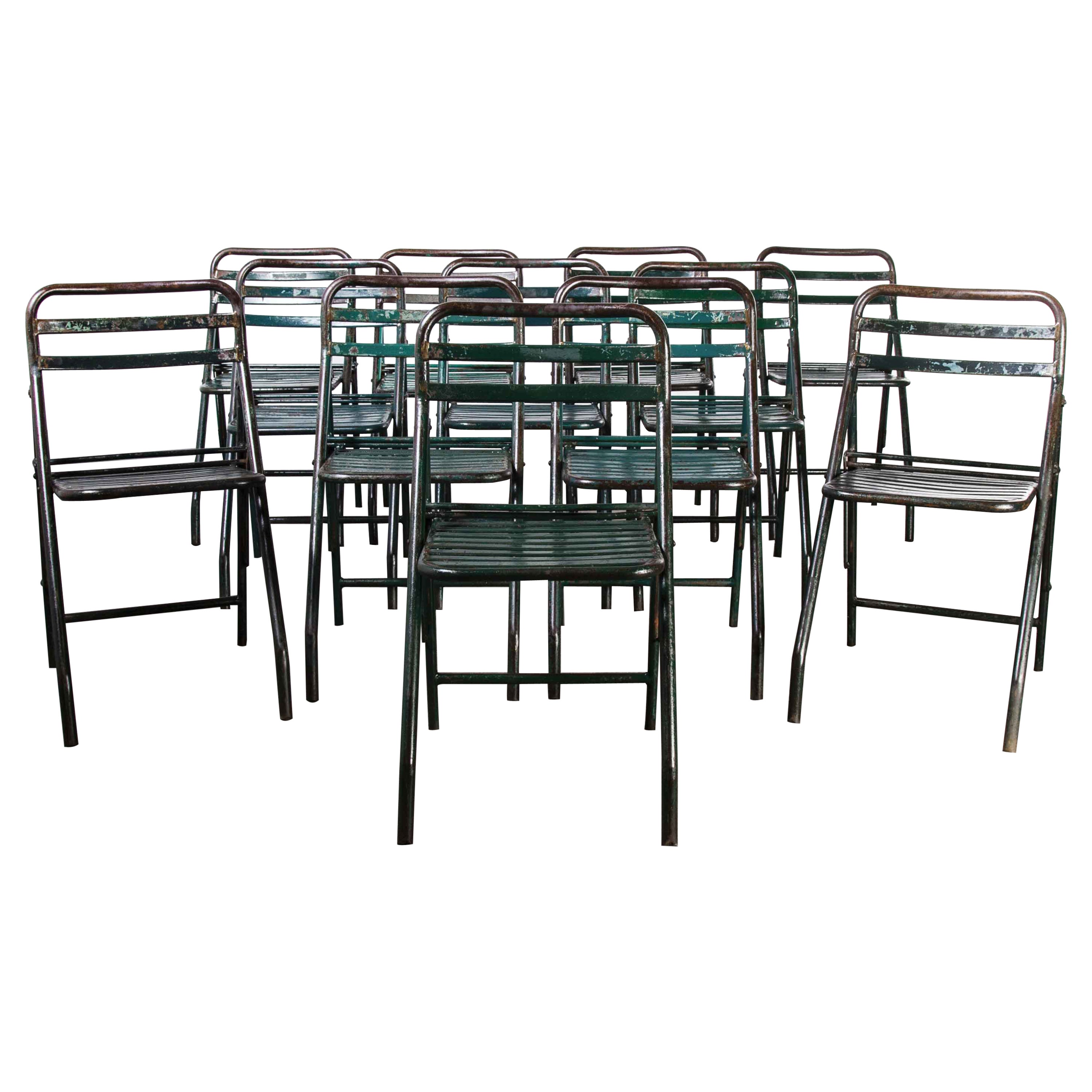 1960's French Army Green Metal Folding Chairs, Set of Twelve