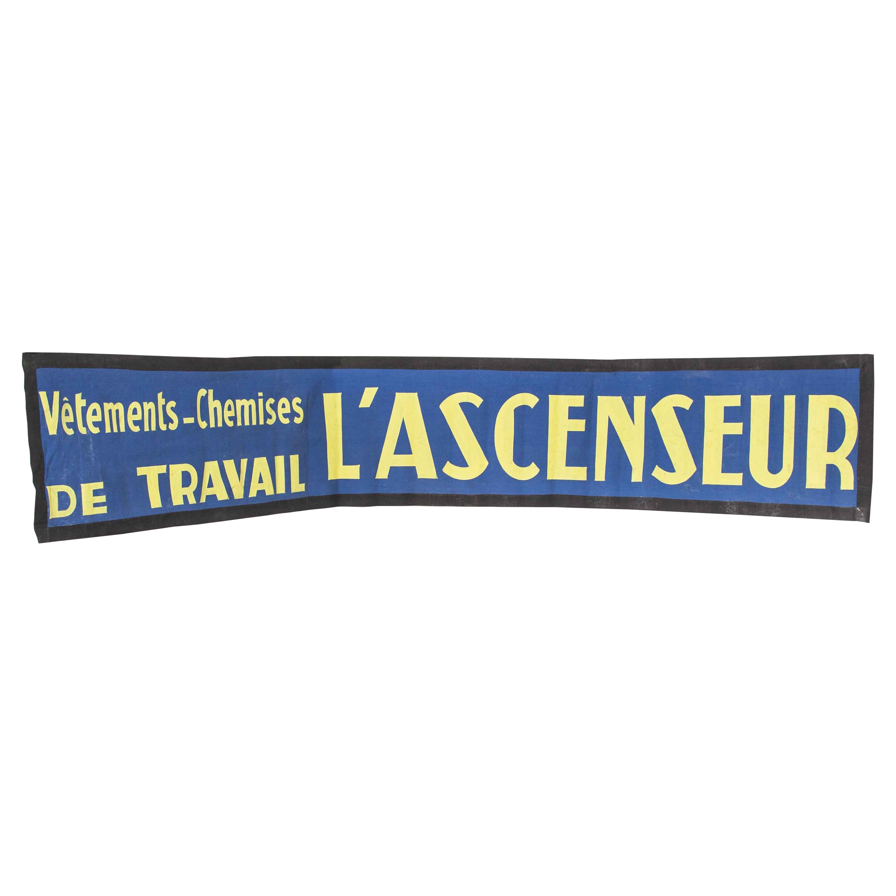 1950's Blue & Yellow Canvas Advertising Banner, L'Ascenseur For Sale