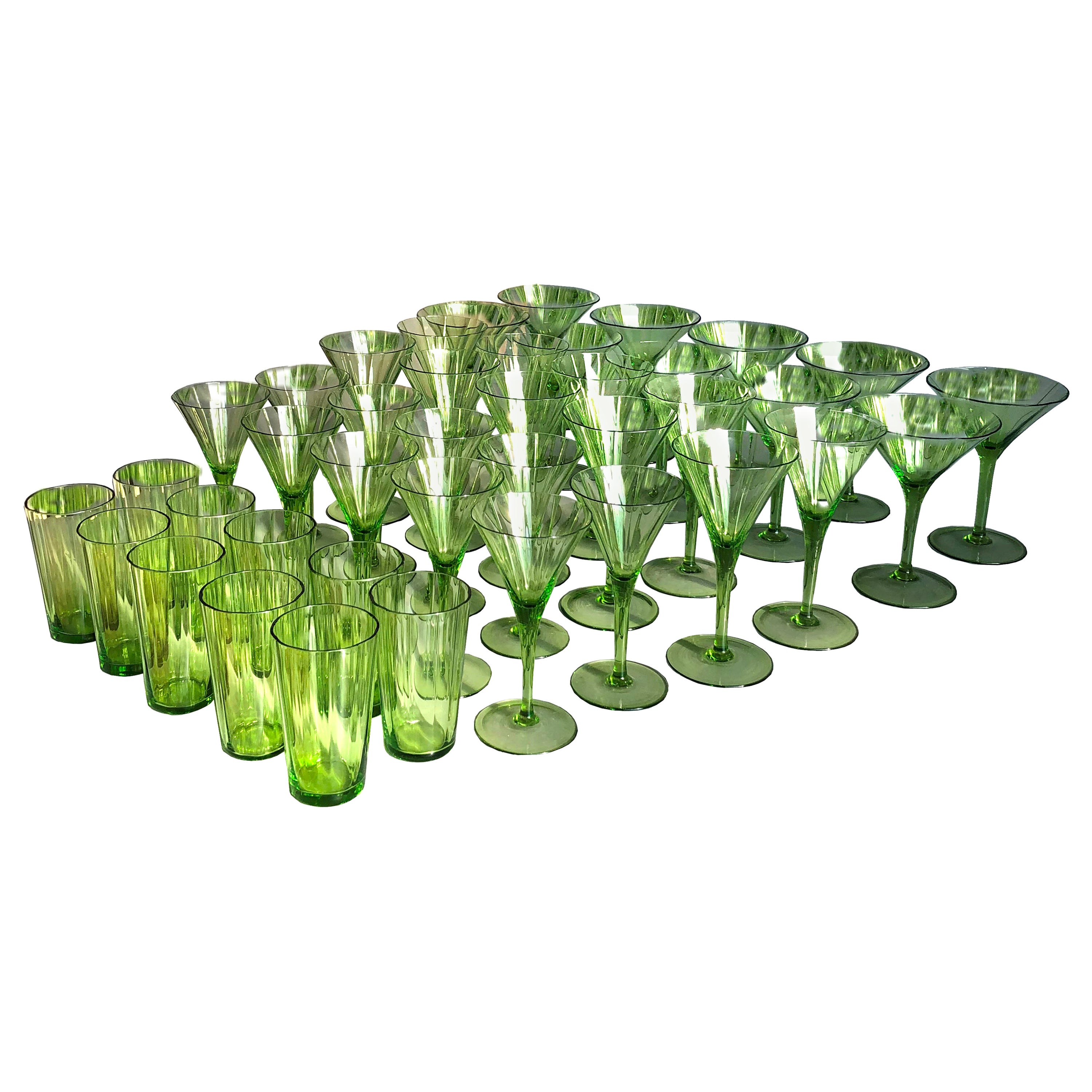 Large Art Deco Champagne&White&Red Wine&Water Set in Green Glass Austria, 1920s For Sale