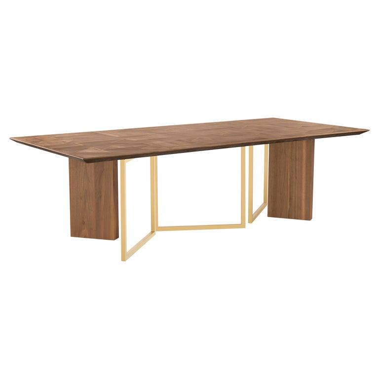 Massive Walnut Dining Table Handcrafted with Geometric Brass Inlay and Legs For Sale