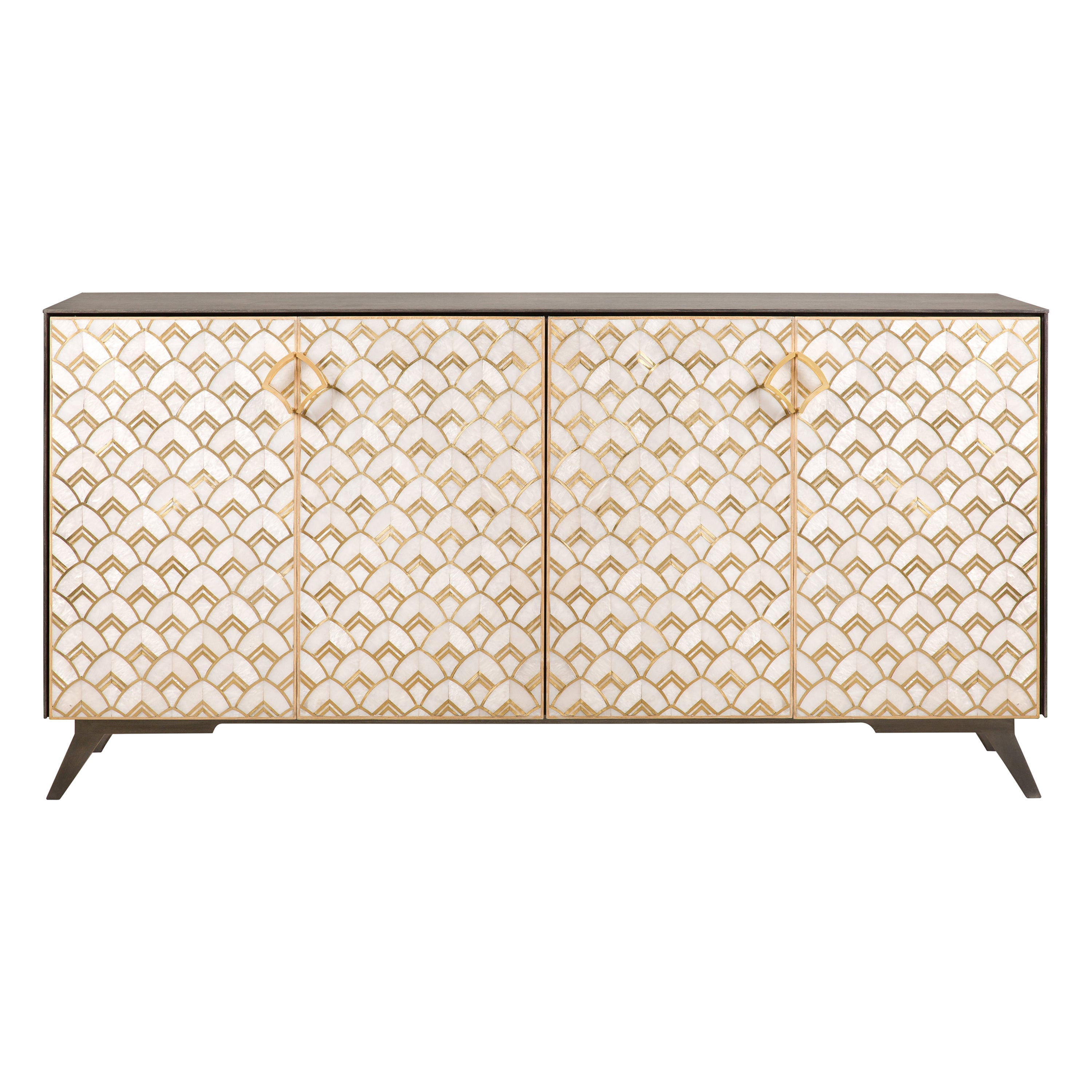 Brass Lotus Pattern Handcrafted into Mother-of-Pearl Buffet Encased in Oak Body For Sale
