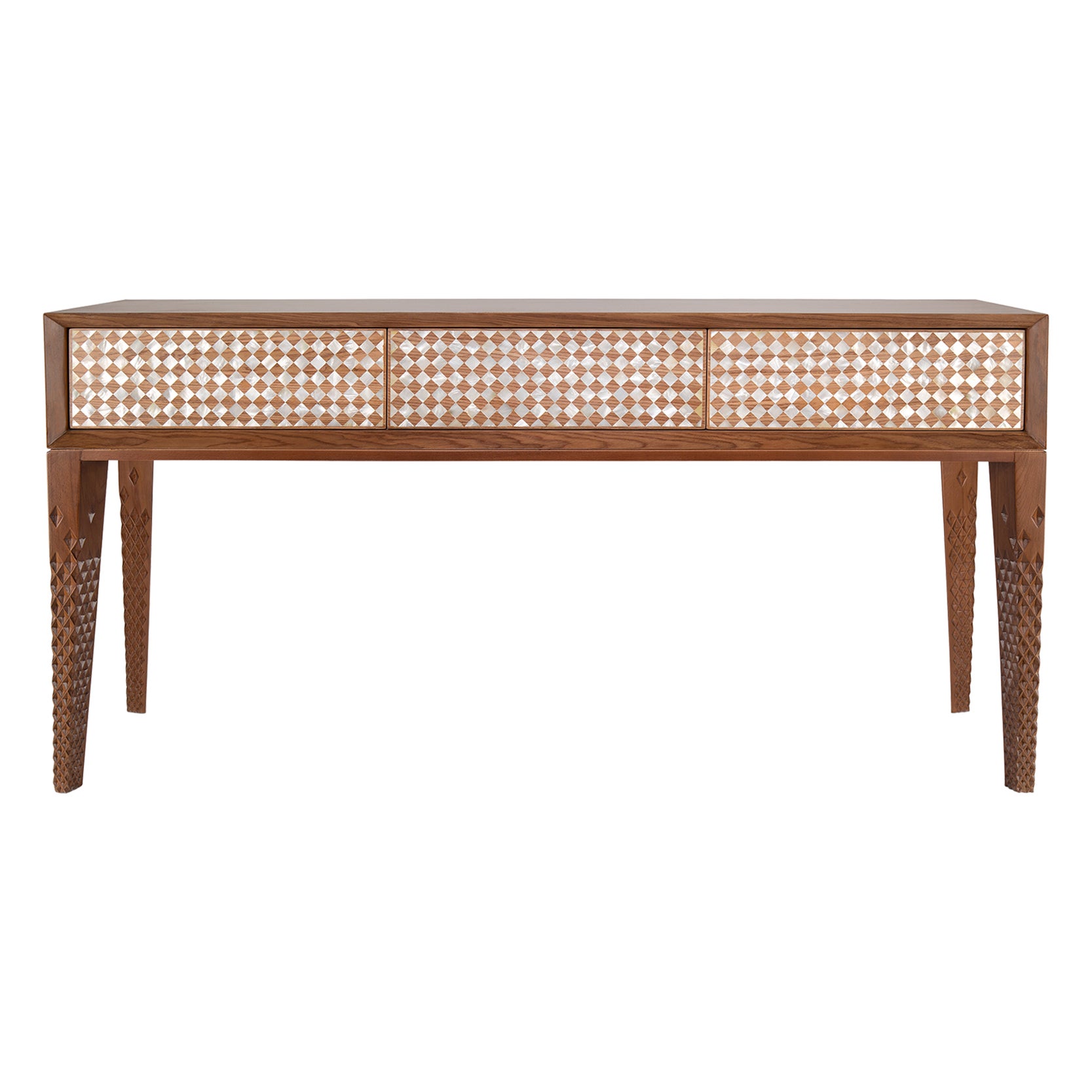 Hand-Carved Walnut Console with Intricate Mother-of-pearl Geometric Design