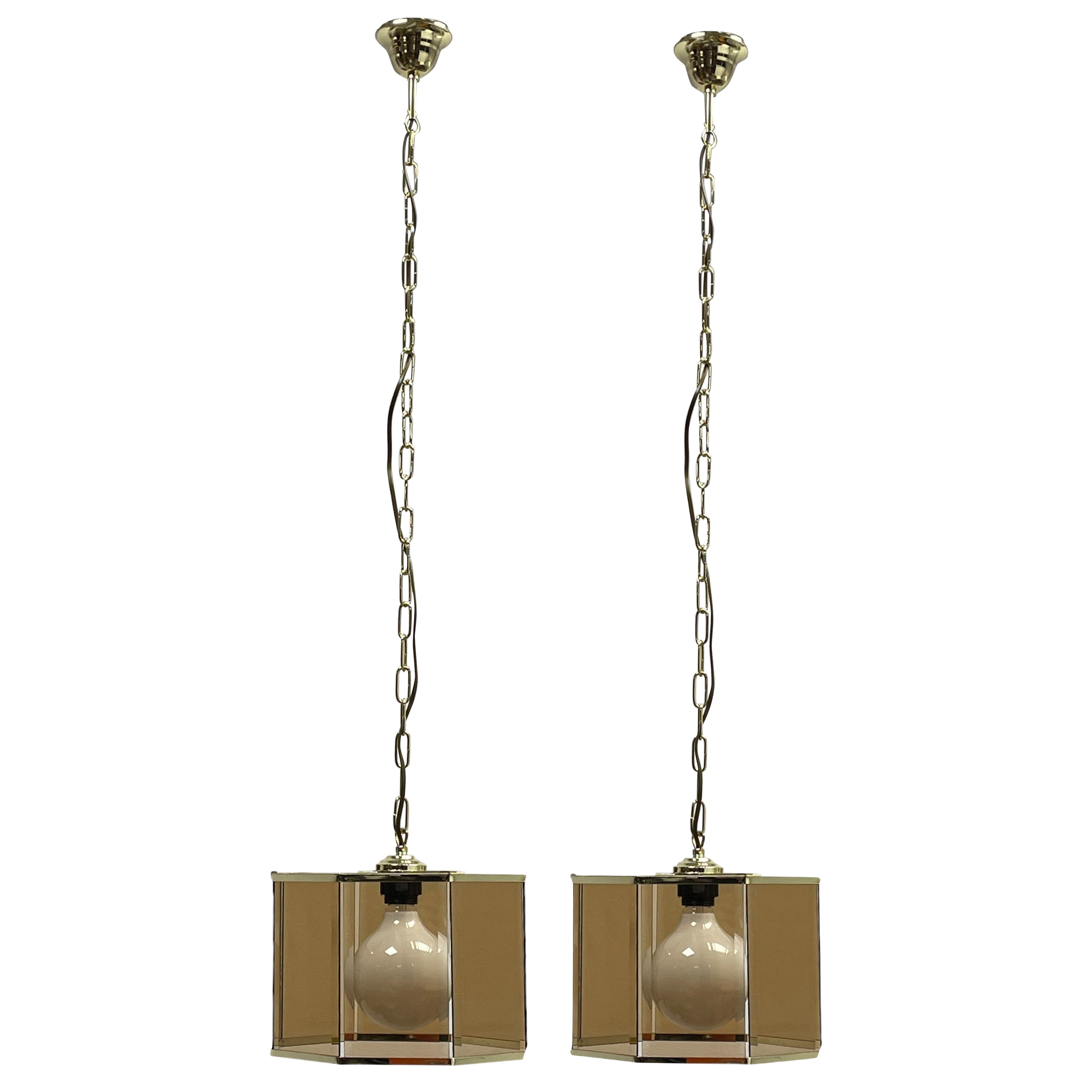 Pair Beautiful Glass Brass Kitchen Island Dinning Table Pendant Lights, 1960s