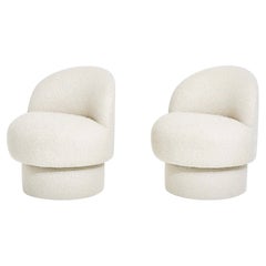 Modern Drama Pouf Swivel Chairs in White Bouclé