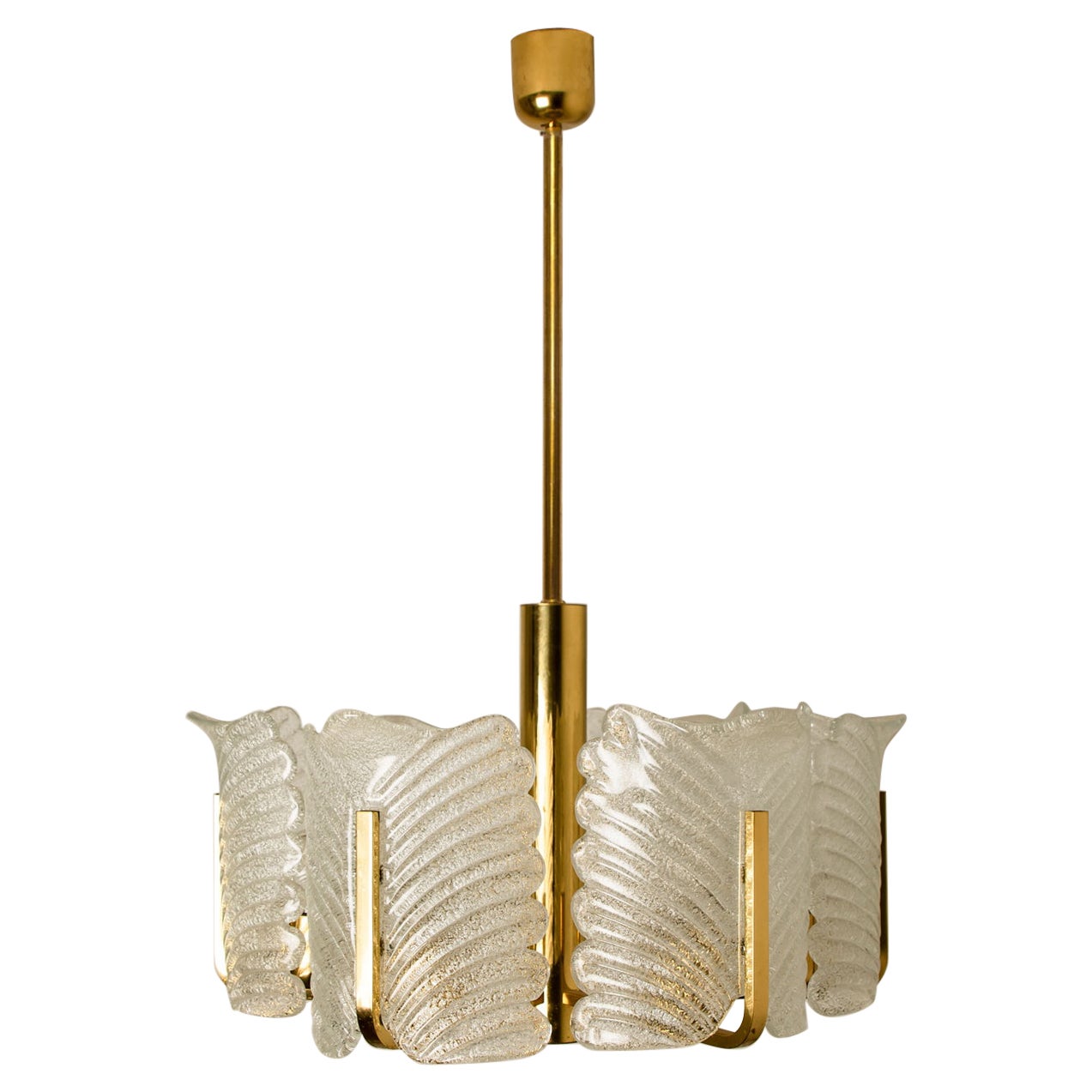 Large Fagerlund Glass Leaves Brass Chandelier by Orrefors, 1960s