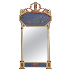 French Empire Style Swan Carved Blue Painted Gilded Wall Mirror 