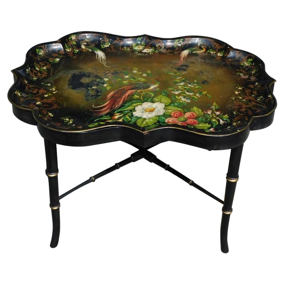 English Scalloped Tole Tray on Stand With Peacock and Floral Motif, Circa 1830 For Sale