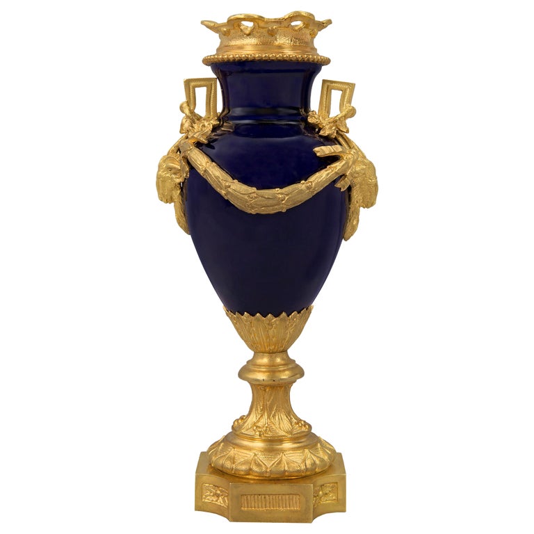 French 19th Century Louis XVI Style Cobalt Blue Porcelain and Ormolu Vase For Sale