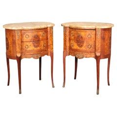 Pair Fine French Inlaid Burled Walnut Breche Marble Top Nightstands End Tables