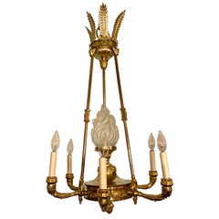 Estate French Empire Design Gold Bronze and Frosted Glass Chandelier, Circa 1940