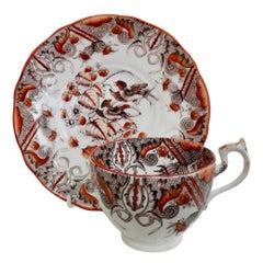 Taza de café de porcelana C.J. Mason, Chinoiserie Pájaros rojos y dorados, ca 1830